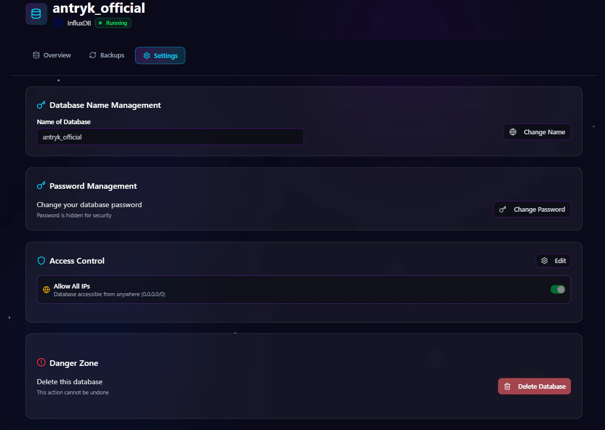 InfluxDB Database Detail Settings Page