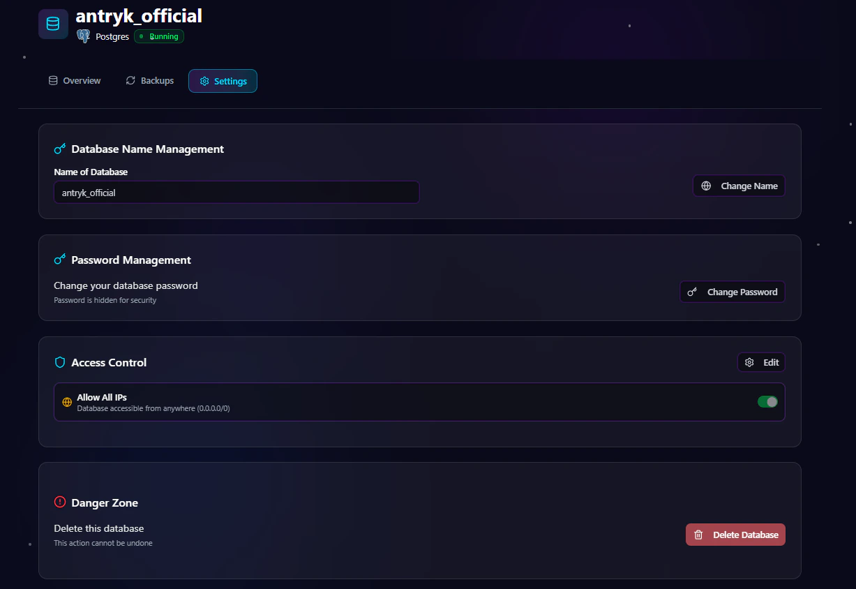 Postgres Database Detail Settings Page