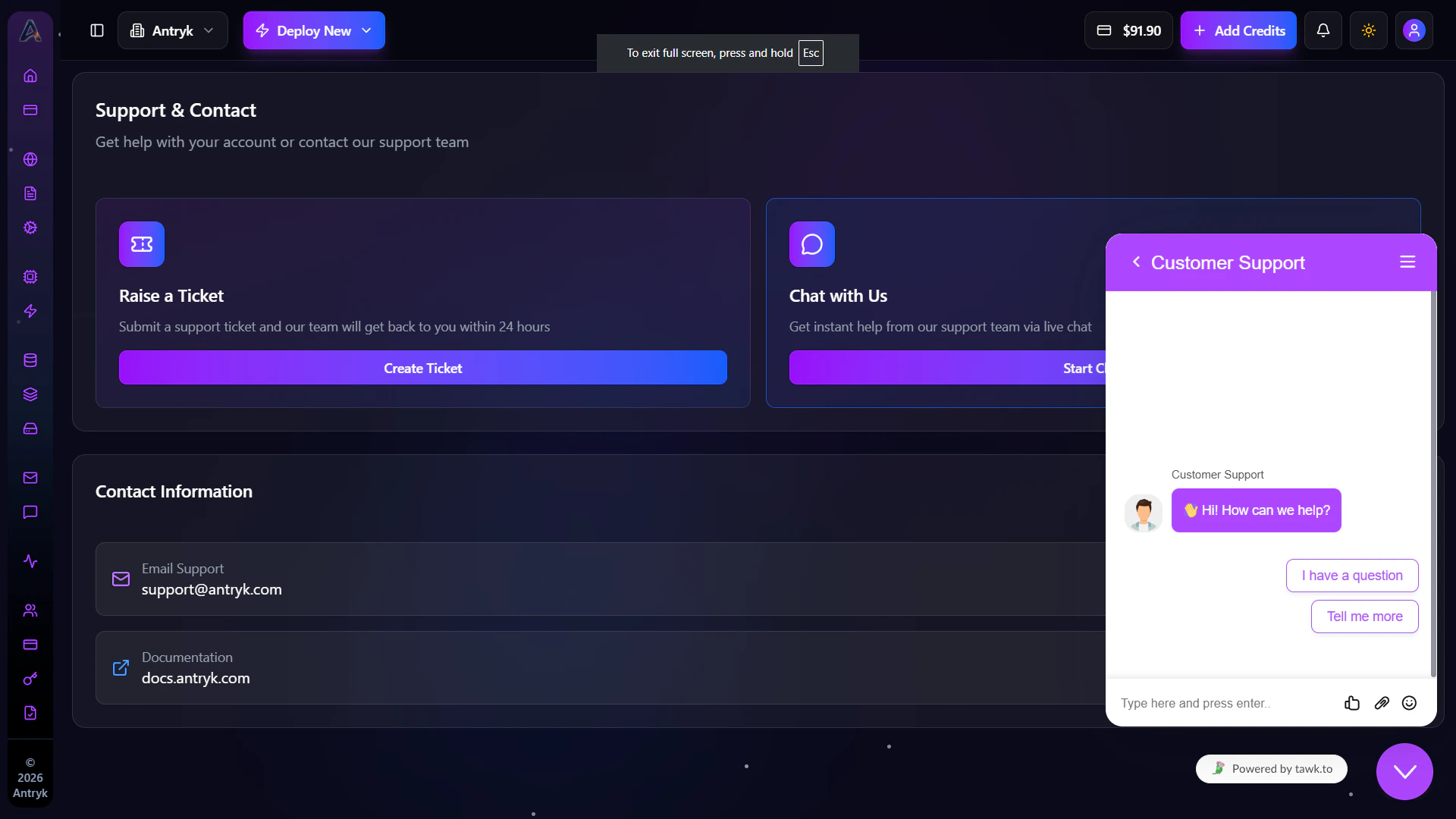 Antryk Live Chat Support