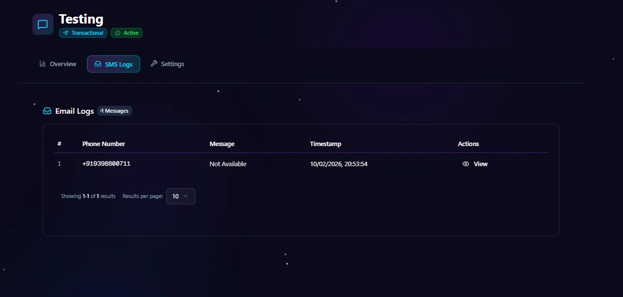Transactional SMS service logs page