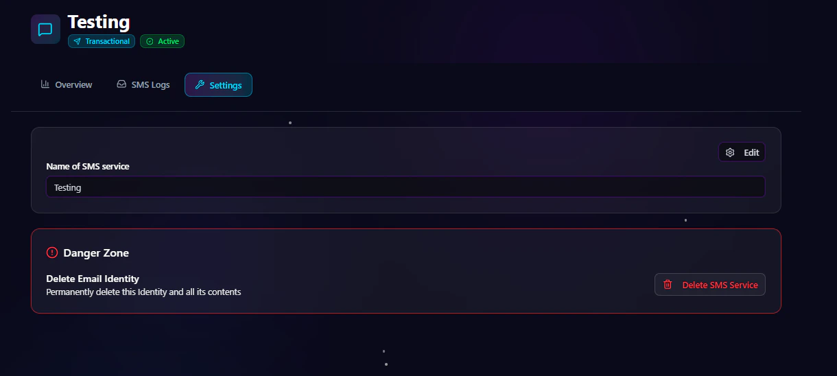 Transactional SMS service Settings Page