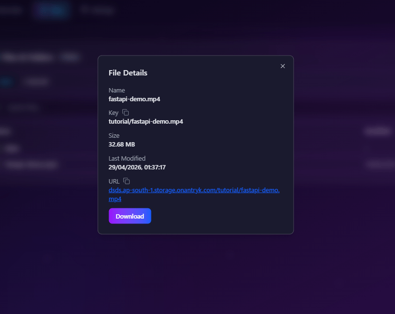 File details dialog showing object name, key, size, last modified timestamp, URL, and download button