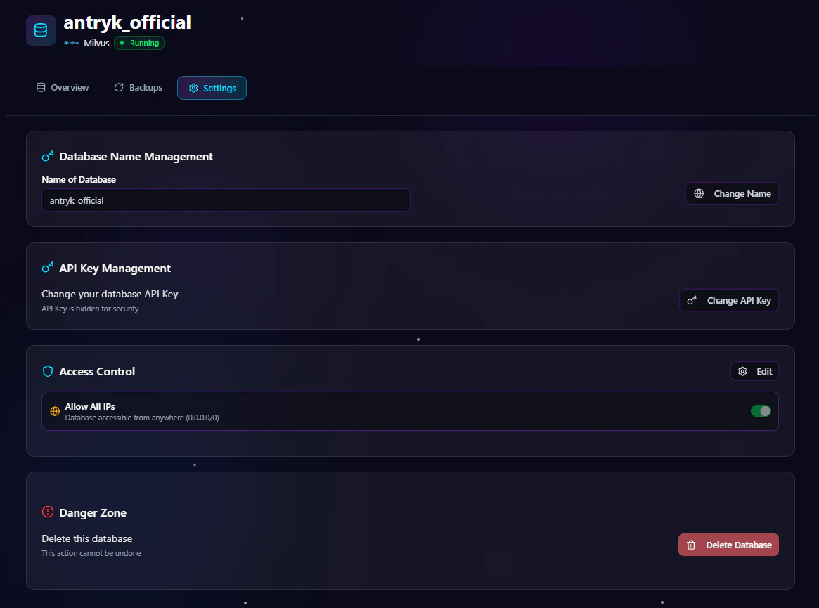 Milvus Database Detail Settings Page