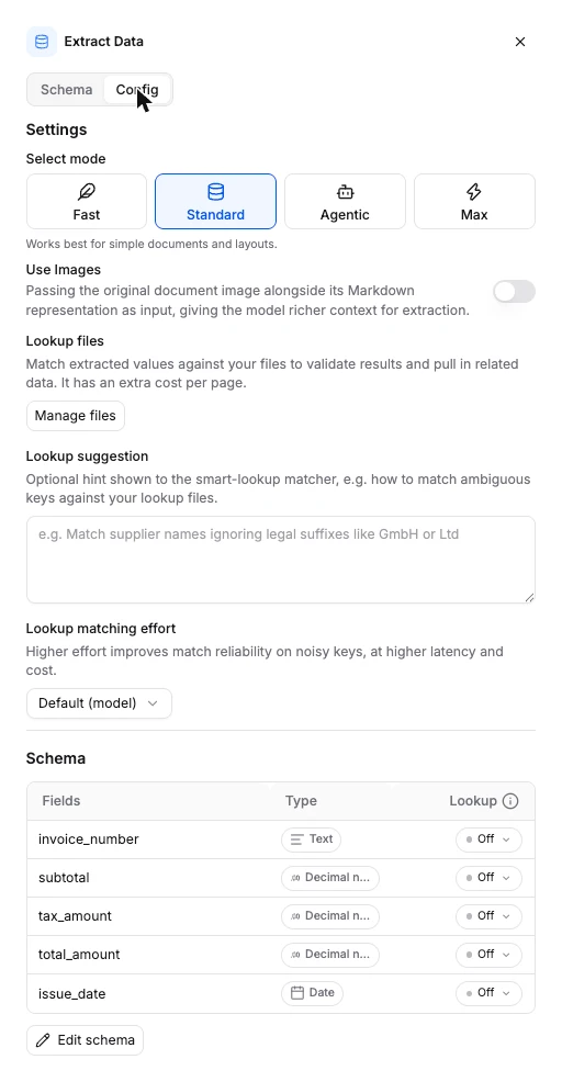 Smart lookup settings on the Extract node