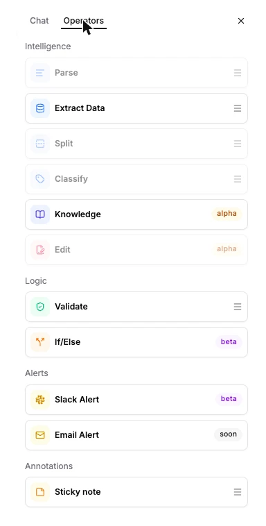 The Operators palette, with Email alert marked soon