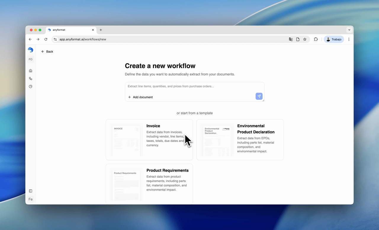 Creating a workflow from the home screen