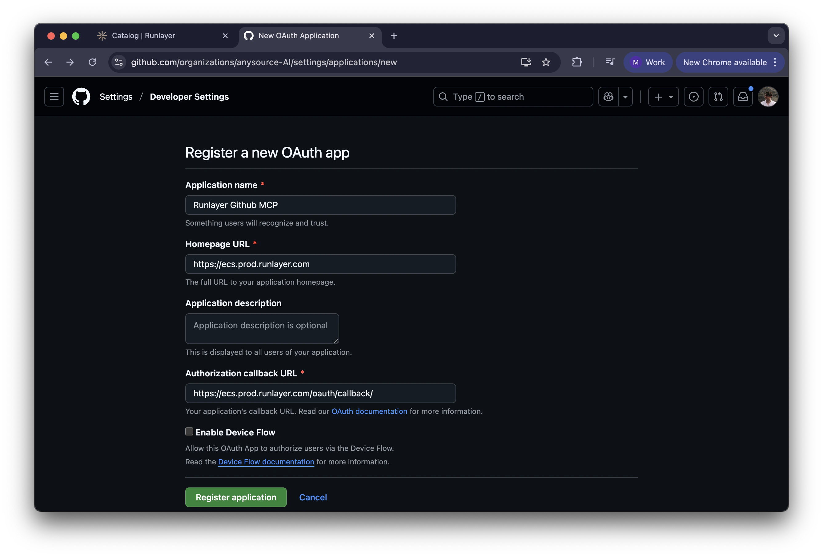 GitHub OAuth App Registration Form