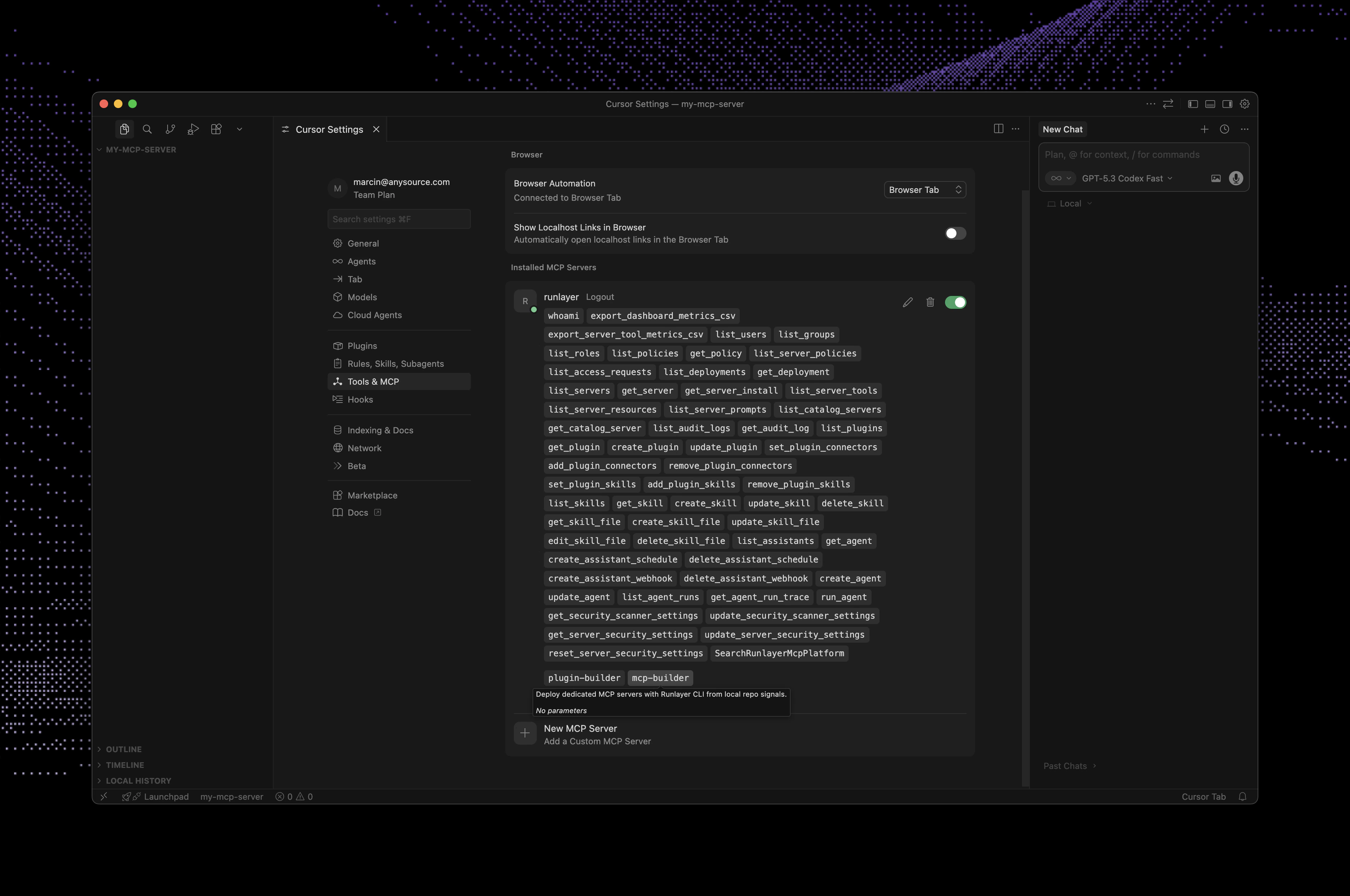 Cursor MCP settings showing runlayer installed
