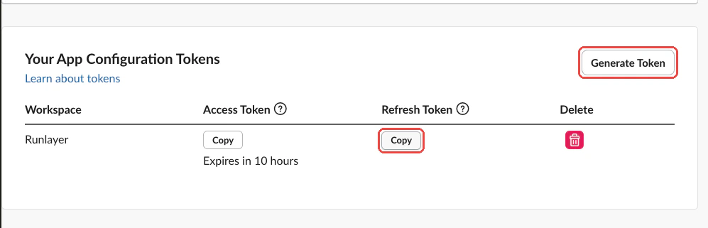 Slack App Configuration Tokens page with Generate Token and Copy buttons highlighted