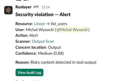 Example Slack notification for a security violation alert