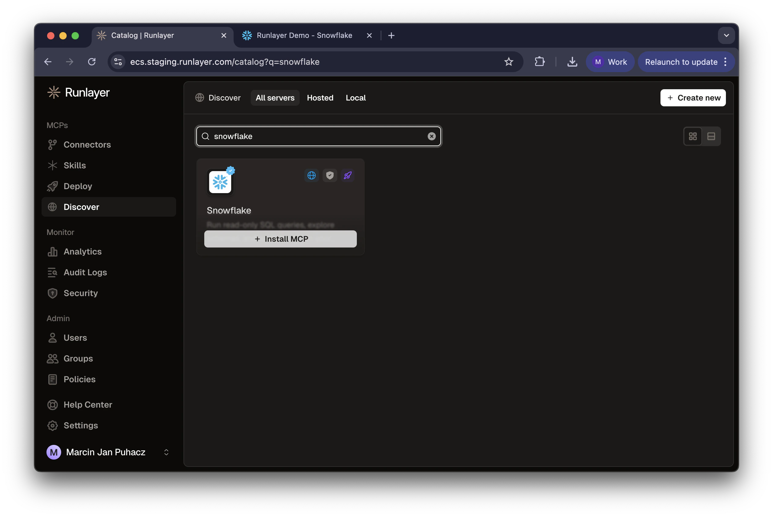 Runlayer connectors page showing Snowflake MCP server
