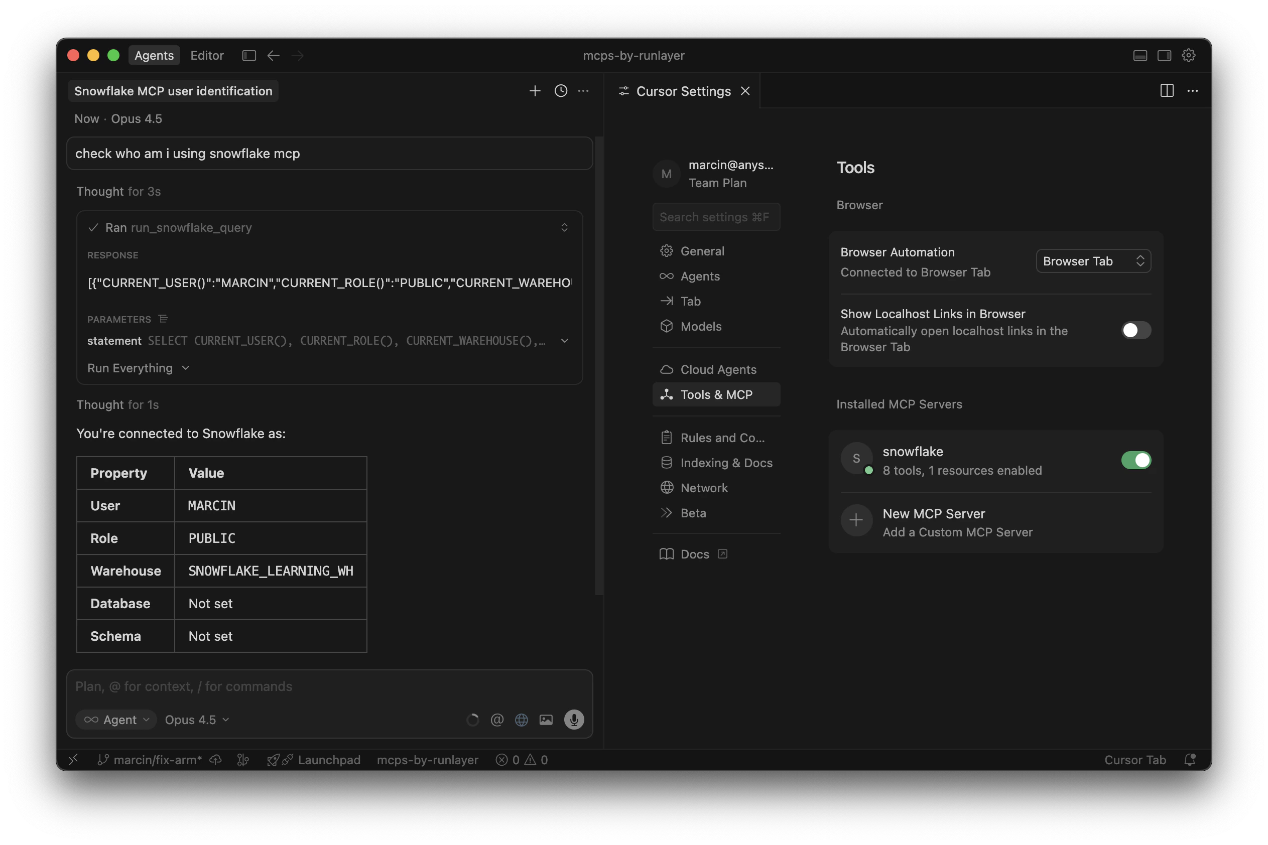 Cursor showing Snowflake connection test results
