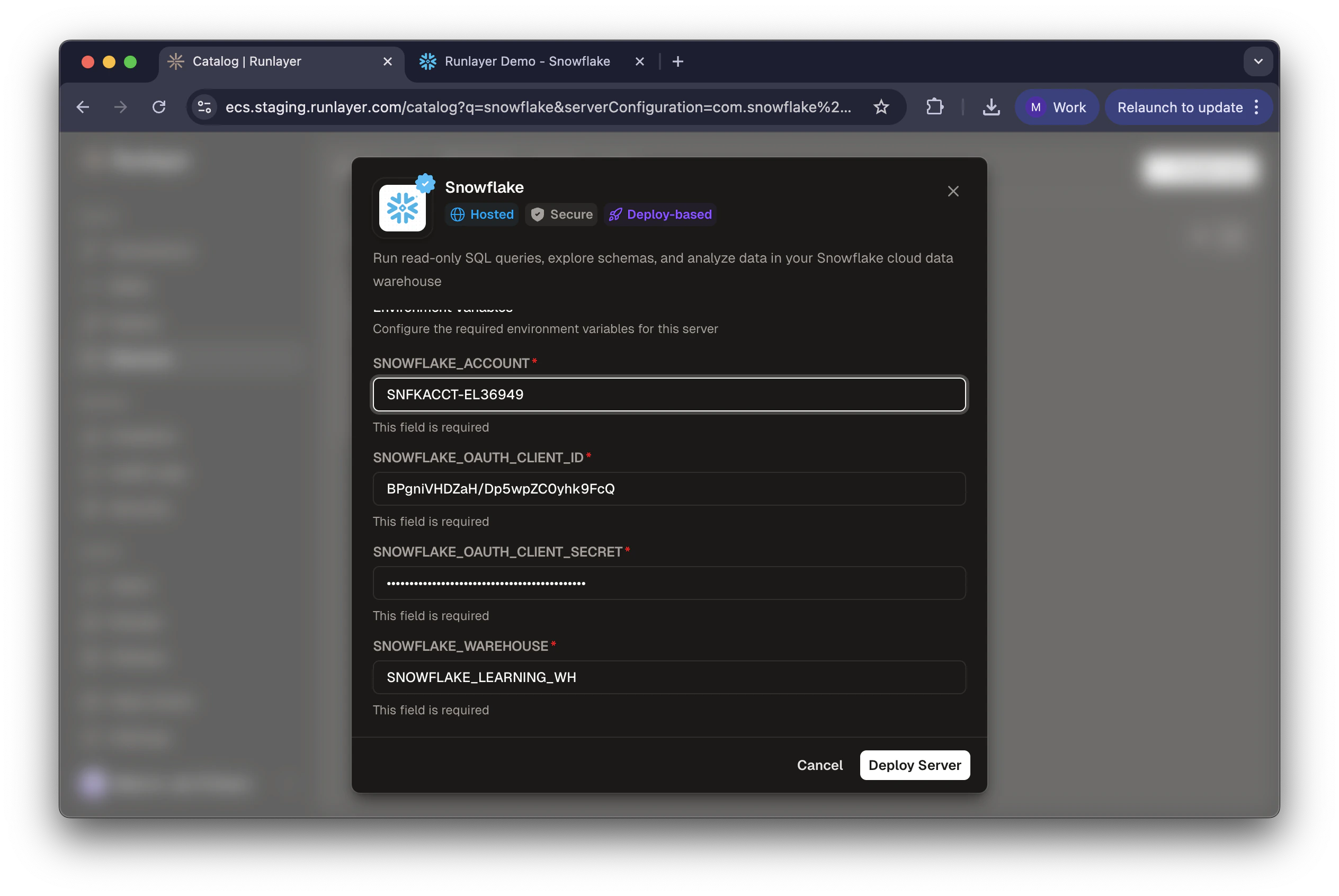 Snowflake server configuration form