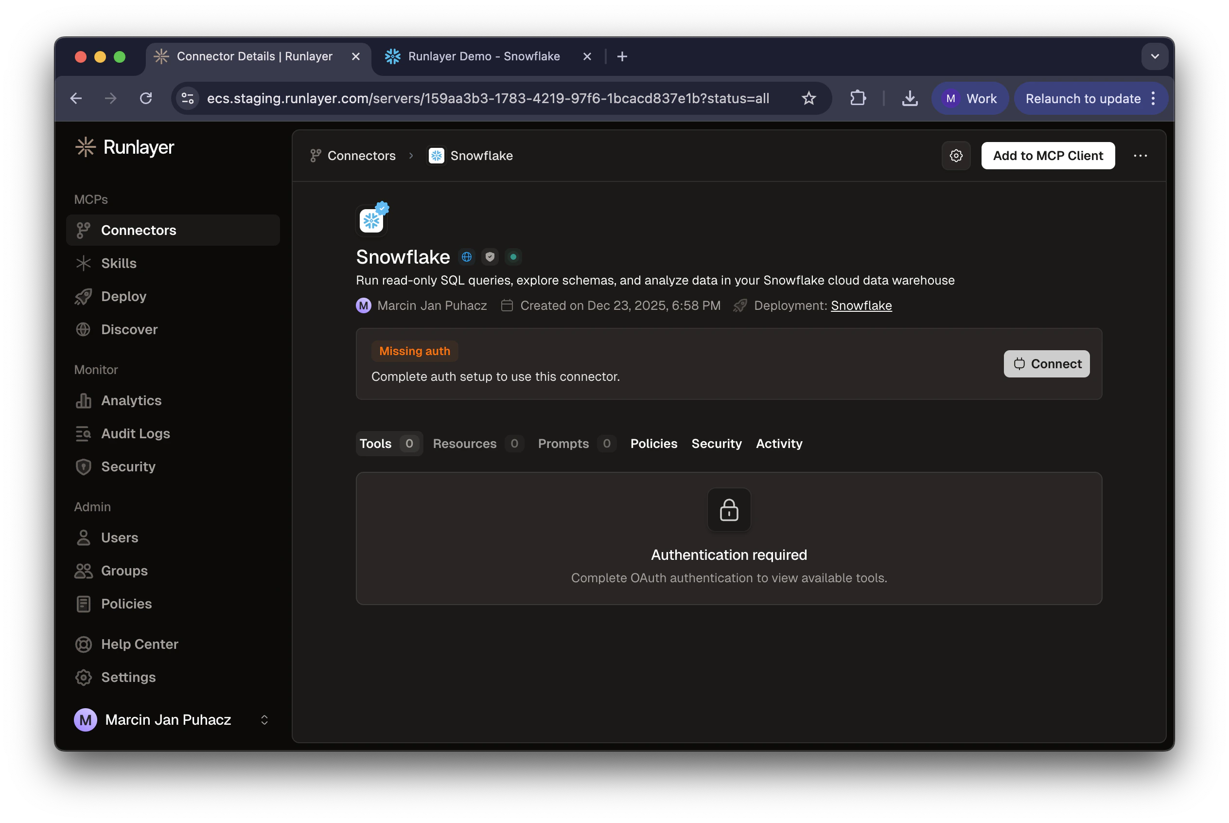 Snowflake server with Missing auth status