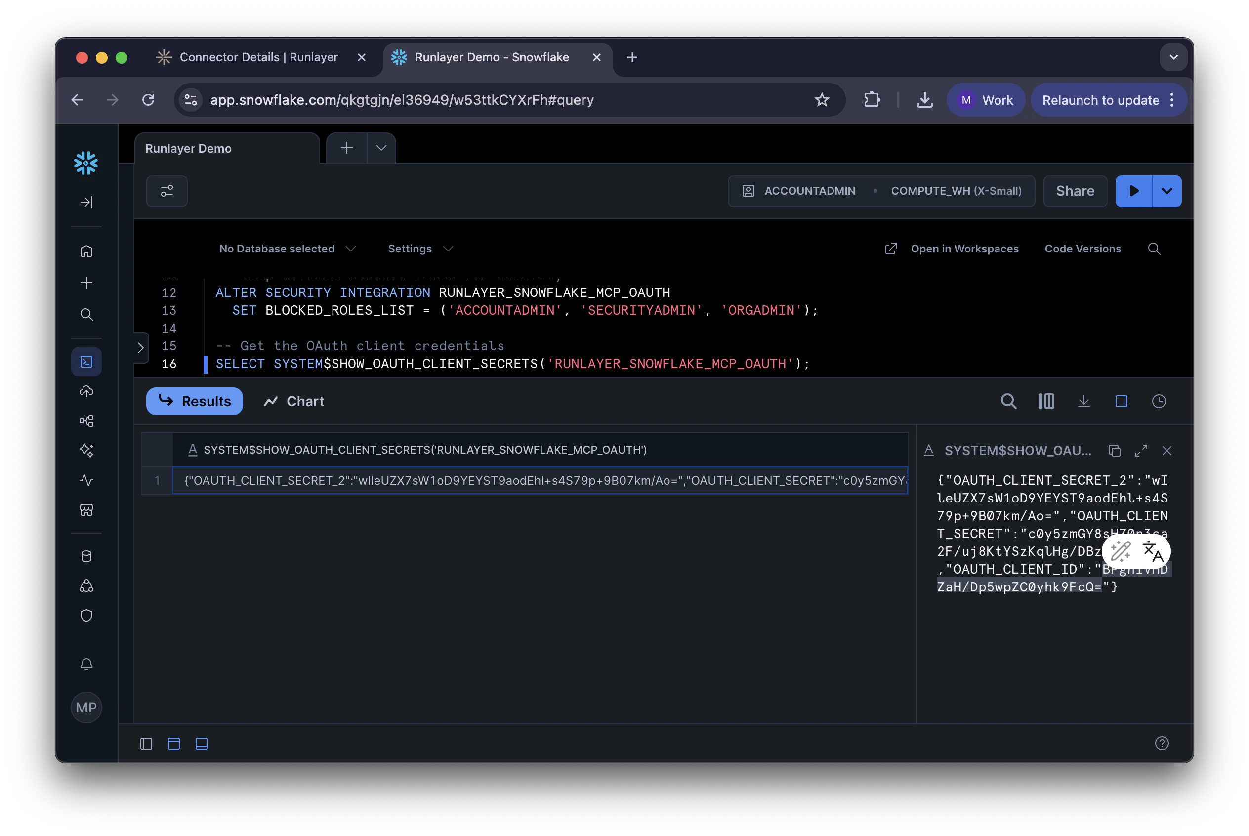 Snowflake OAuth credentials output