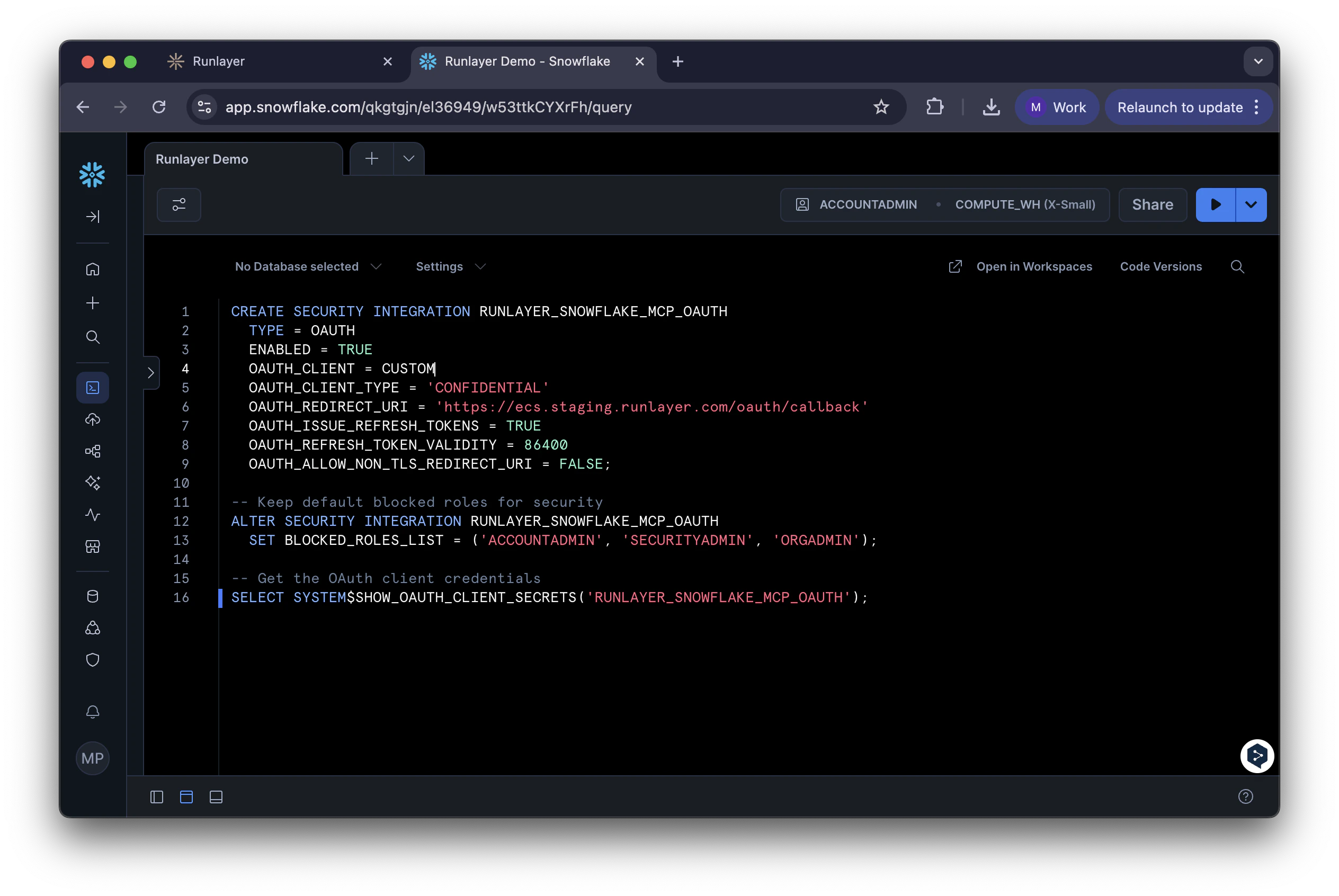 Snowflake console with SQL commands