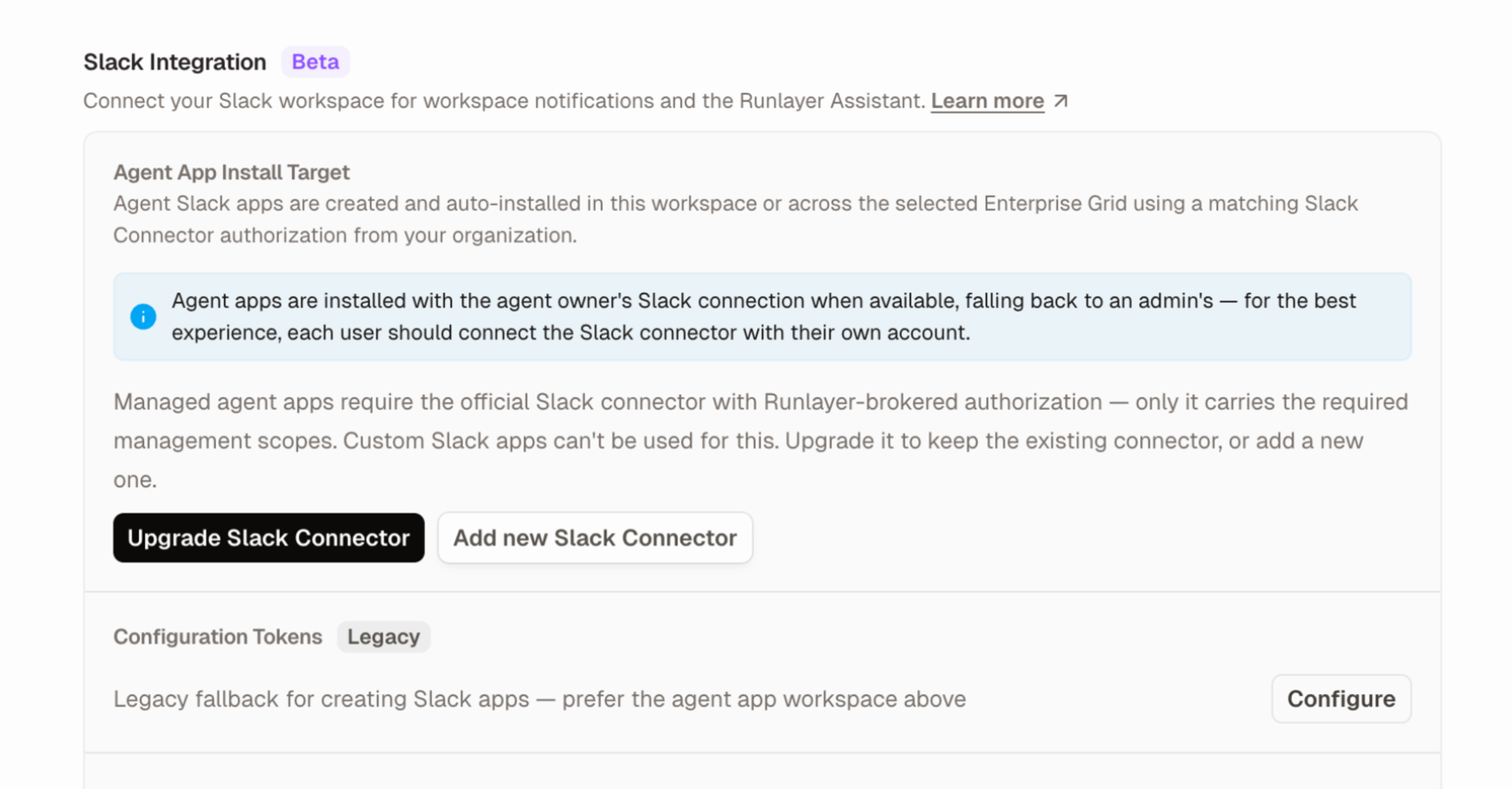 Slack Integration settings with the Upgrade Slack Connector button under Agent App Install Target