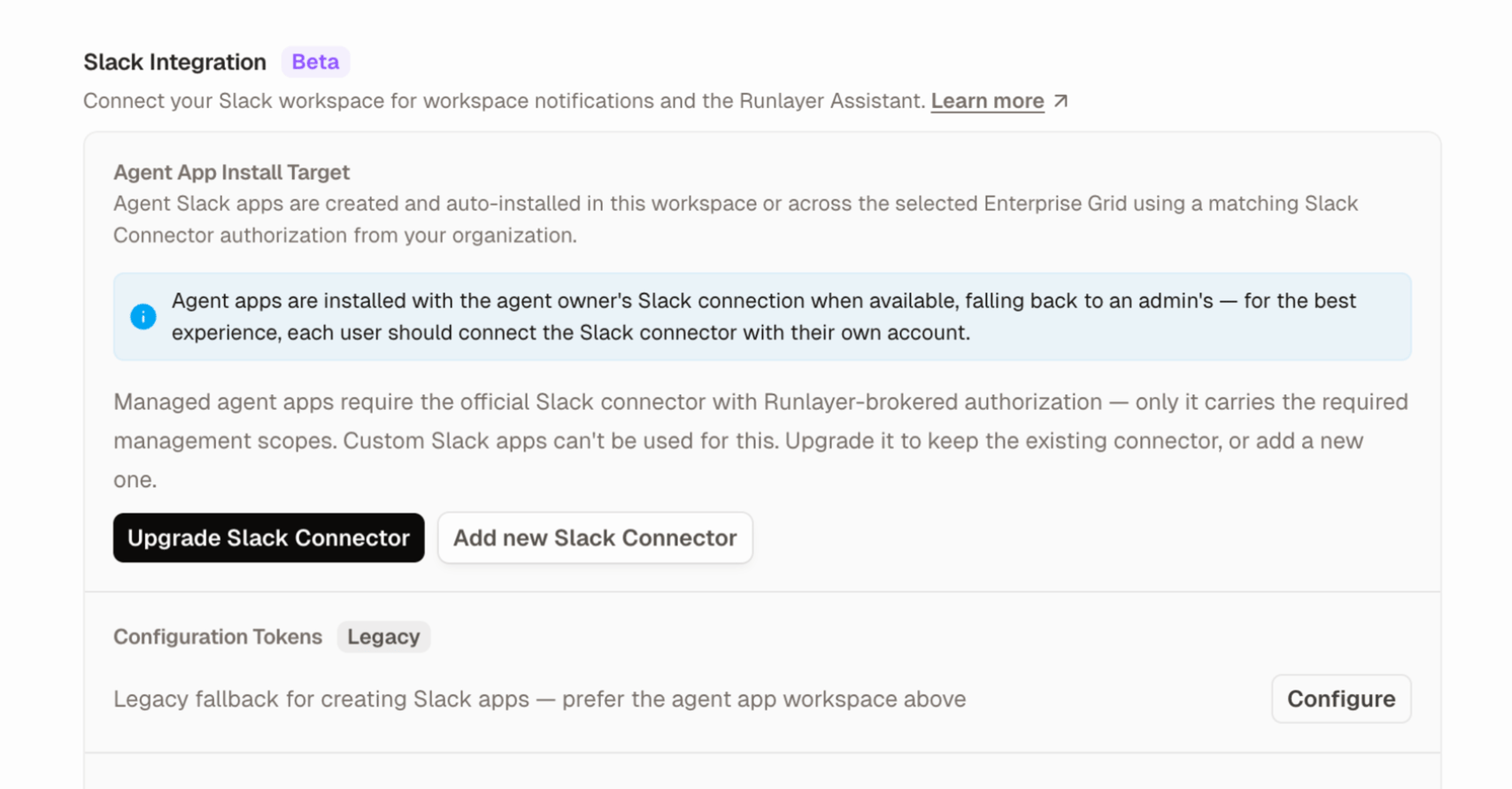 Slack Integration settings with the Upgrade Slack Connector button under Agent App Install Target