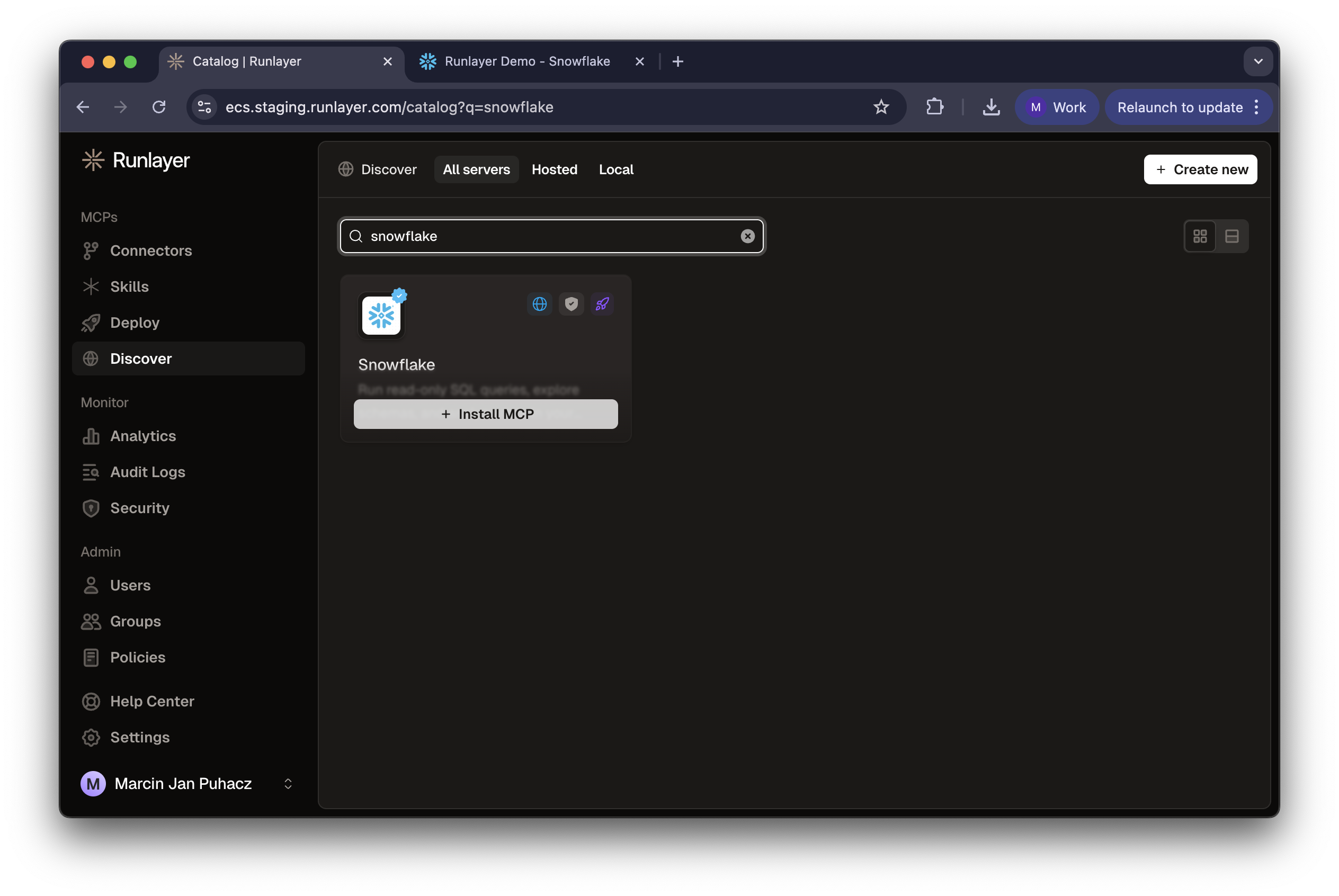 Runlayer Catalog showing Snowflake MCP server