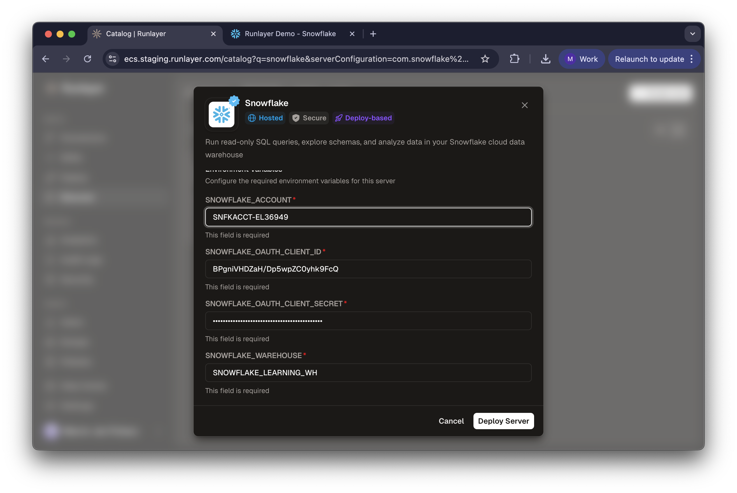 Snowflake server configuration form