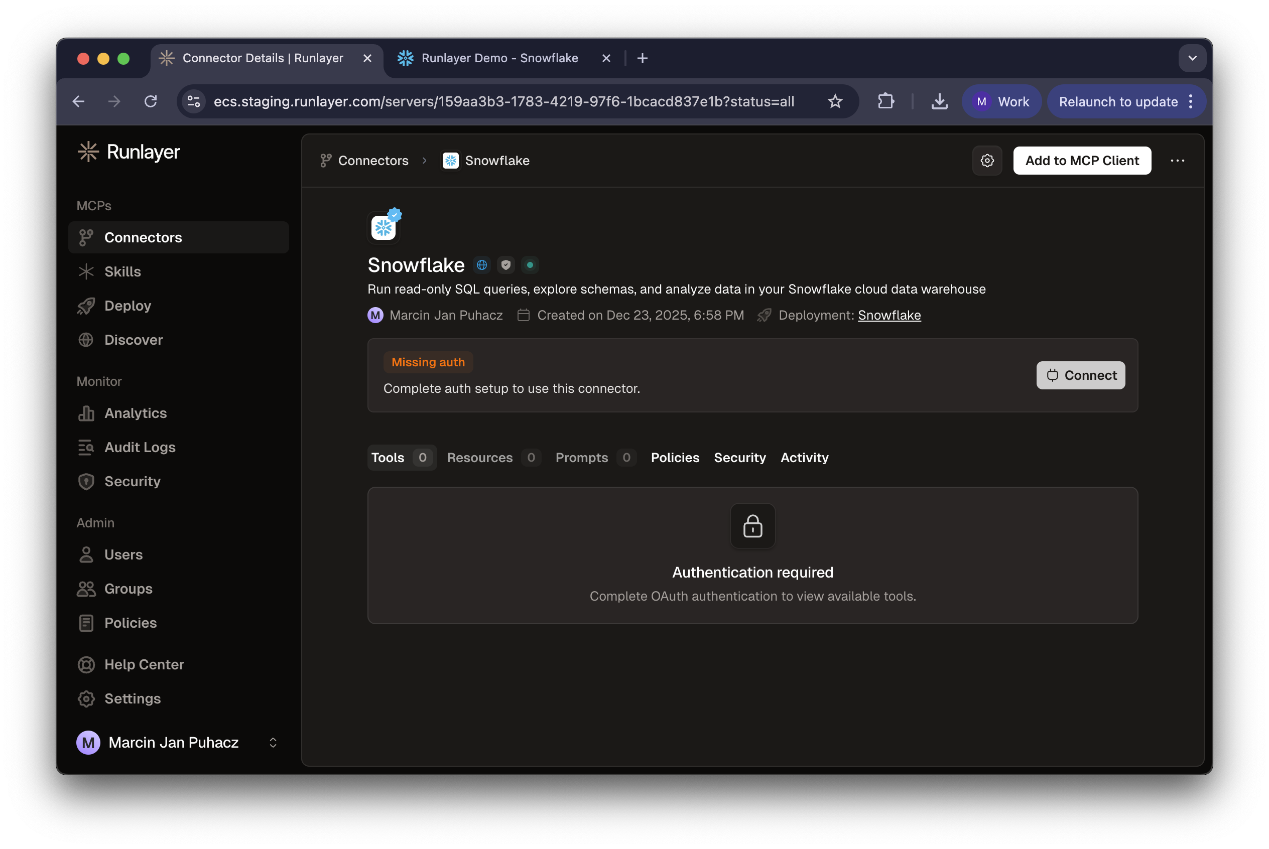 Snowflake server with Missing auth status