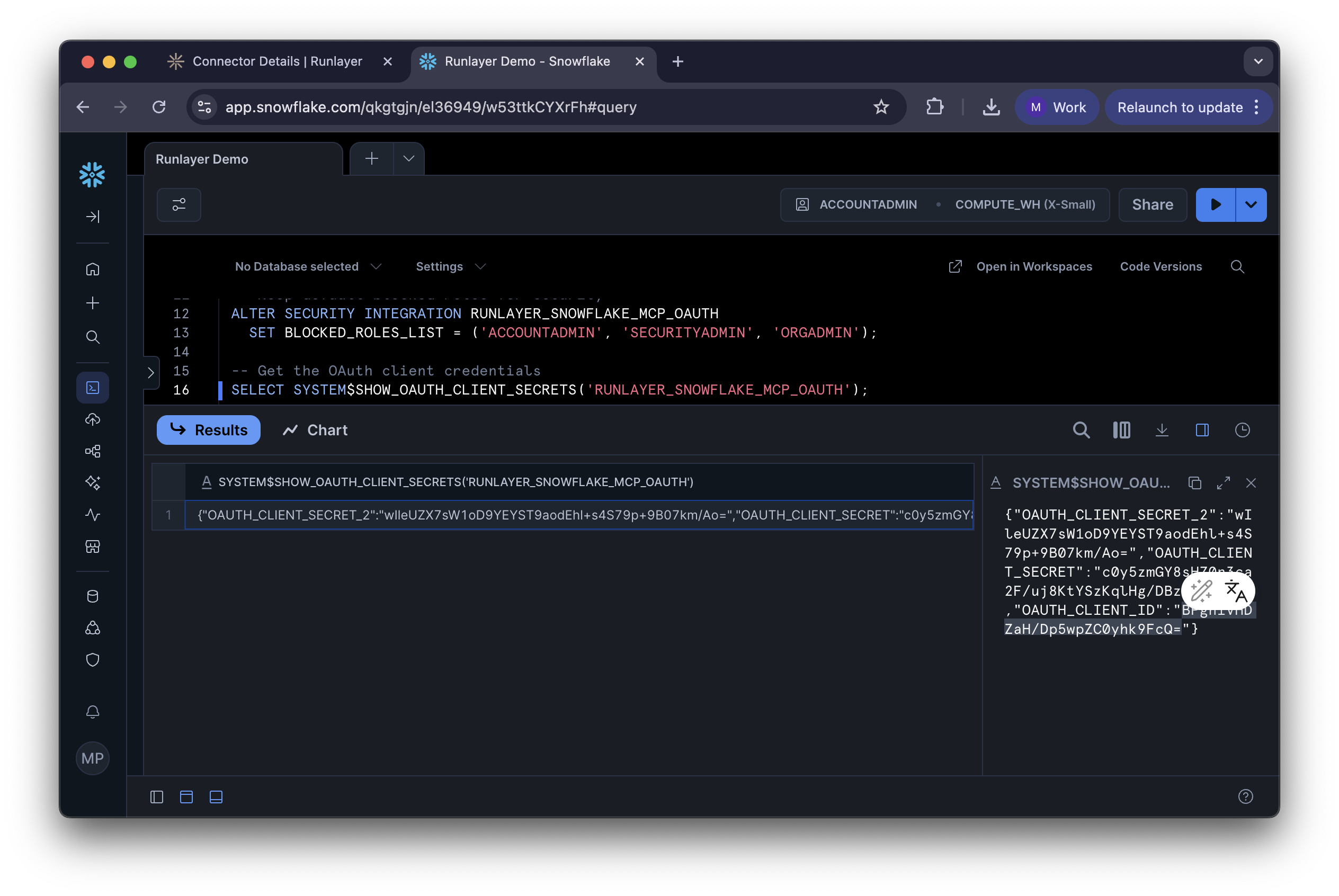 Snowflake OAuth credentials output
