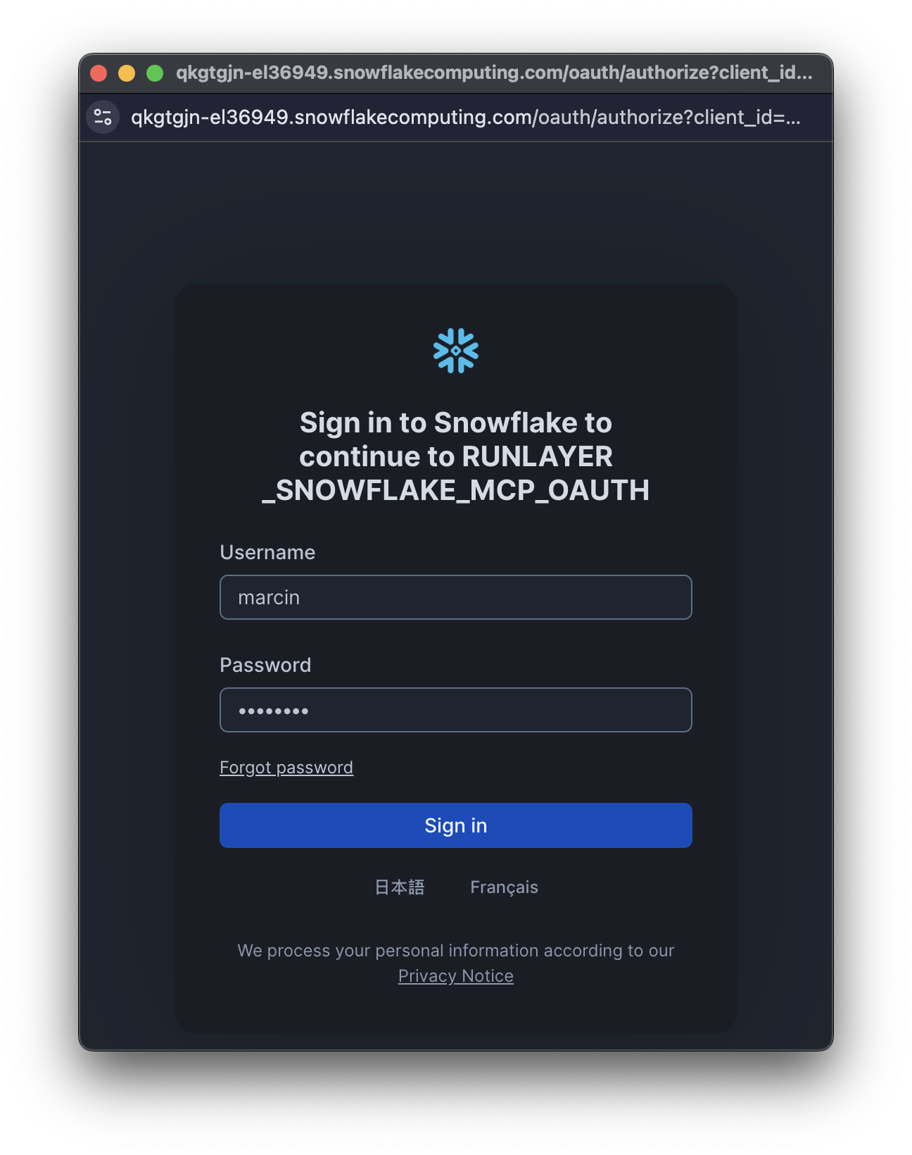 Snowflake OAuth login page
