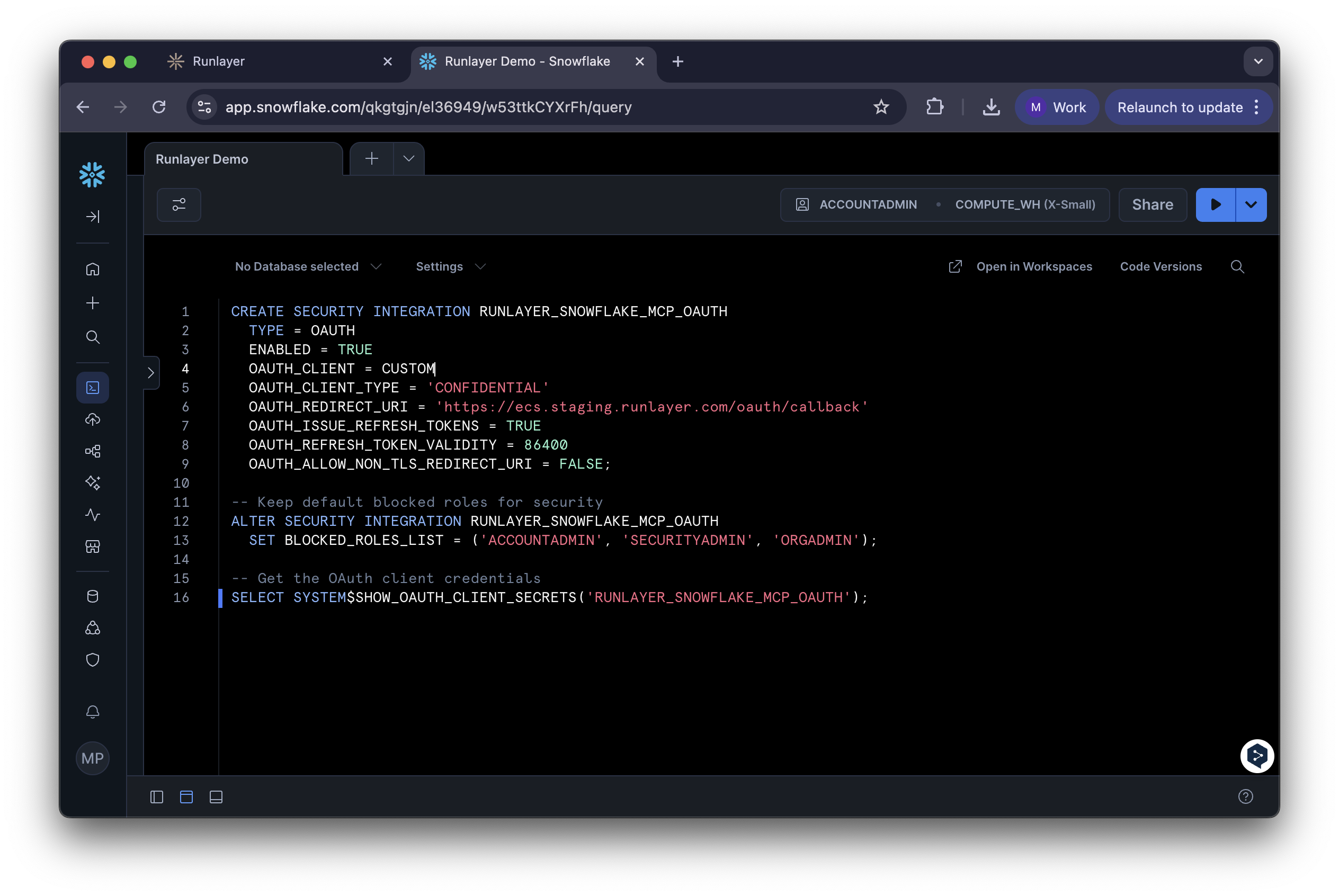 Snowflake console with SQL commands