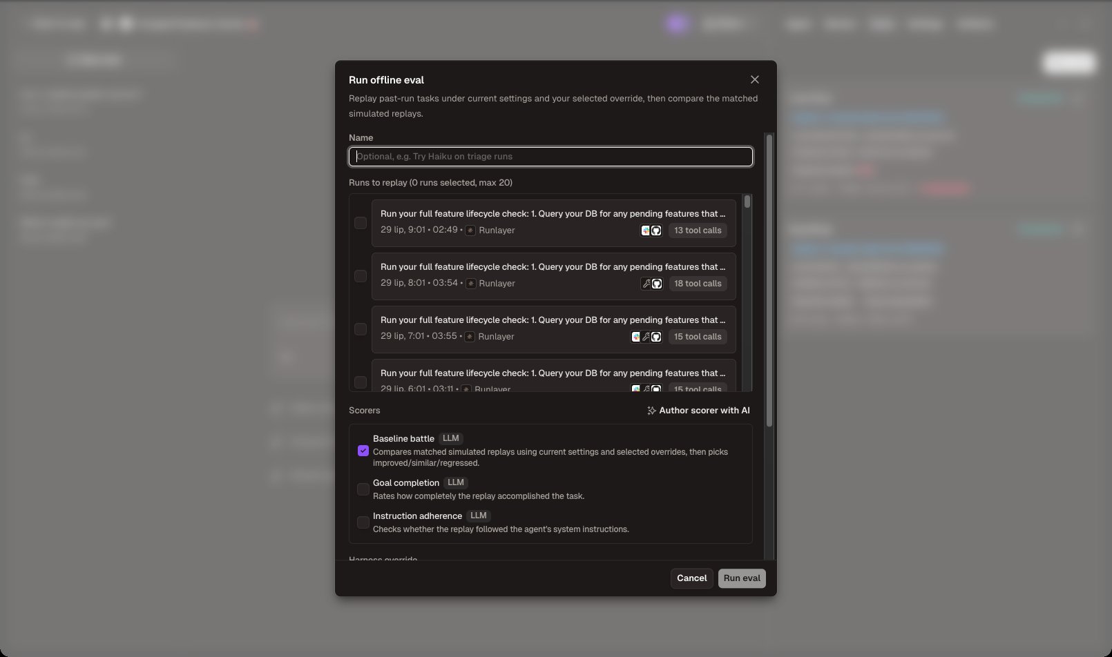 Run offline eval dialog with run selection, scorers, and overrides