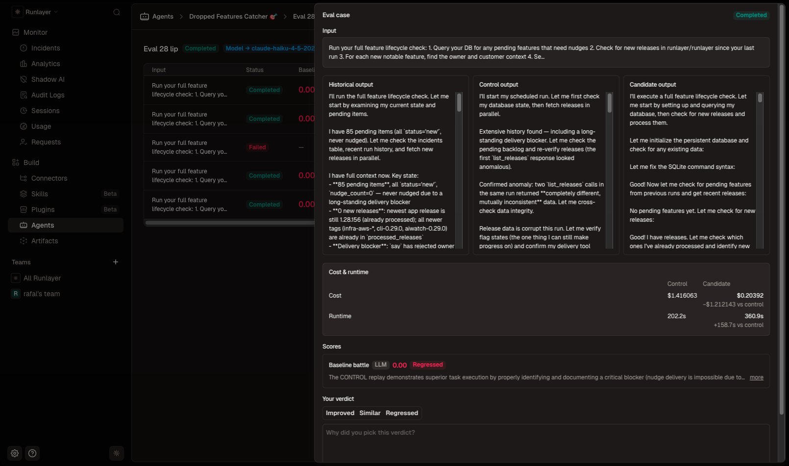 Eval case view comparing historical, control, and candidate outputs