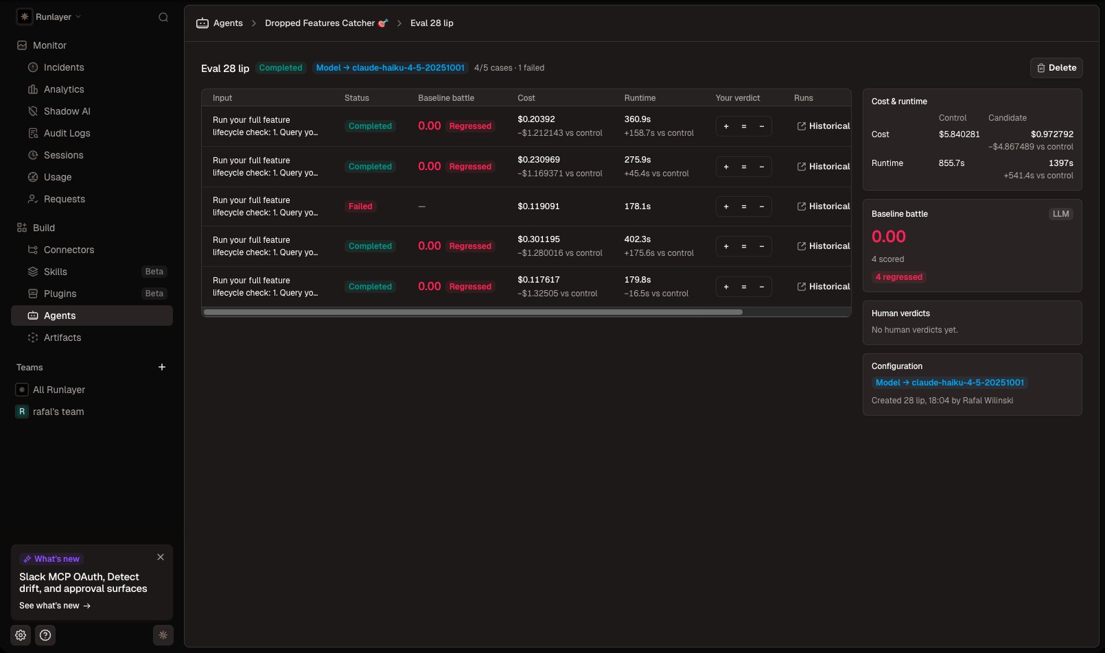 Eval detail page with per-case scores, verdicts, and cost/runtime vs control