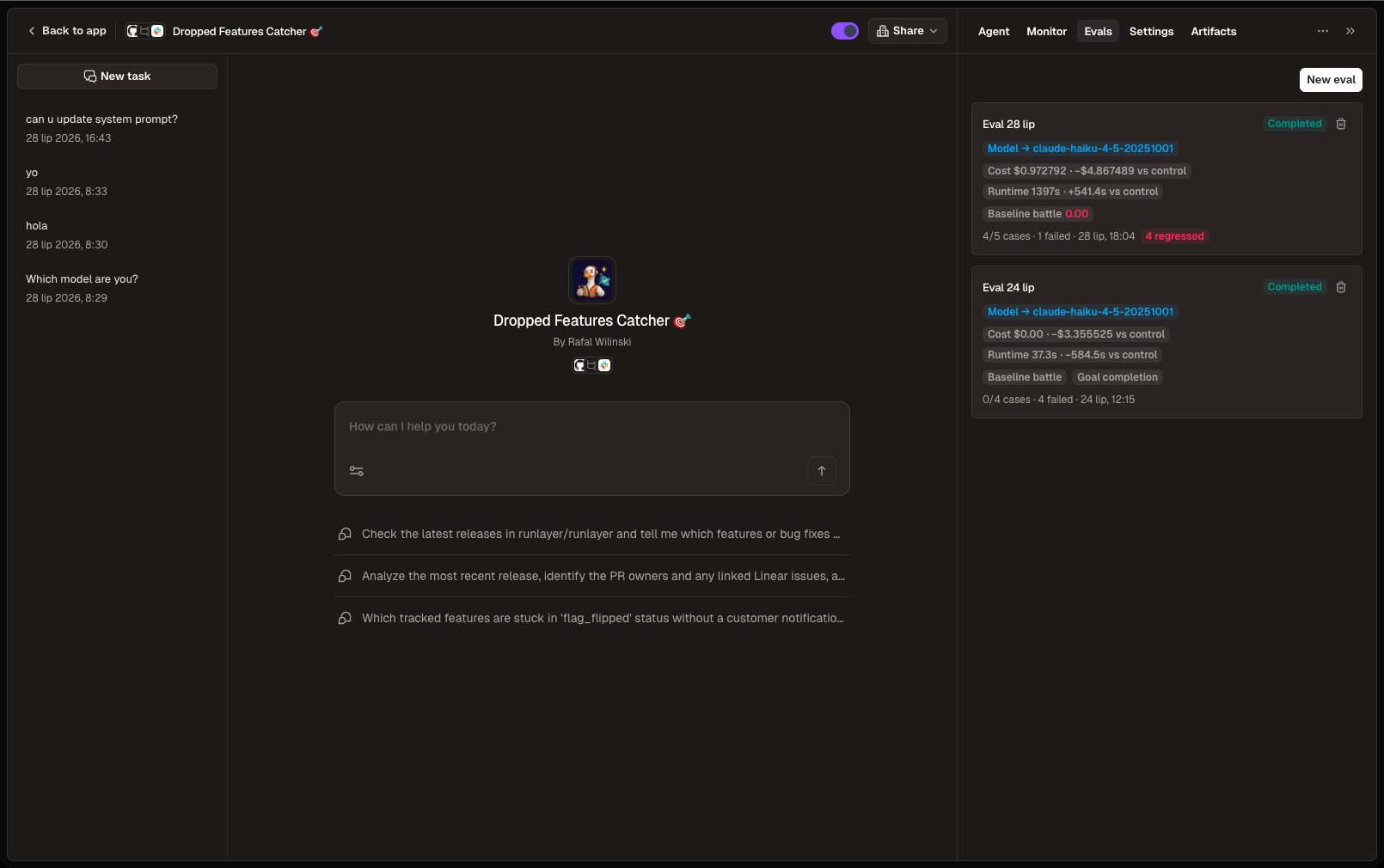 Evals tab on the agent page, listing completed offline evals
