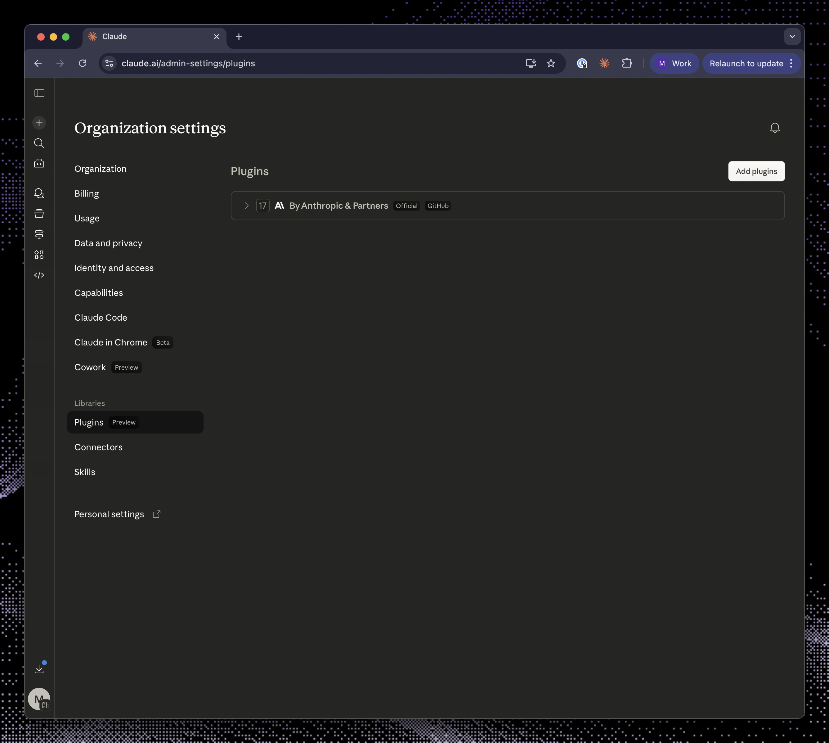 Claude admin plugin settings with the Add plugins button