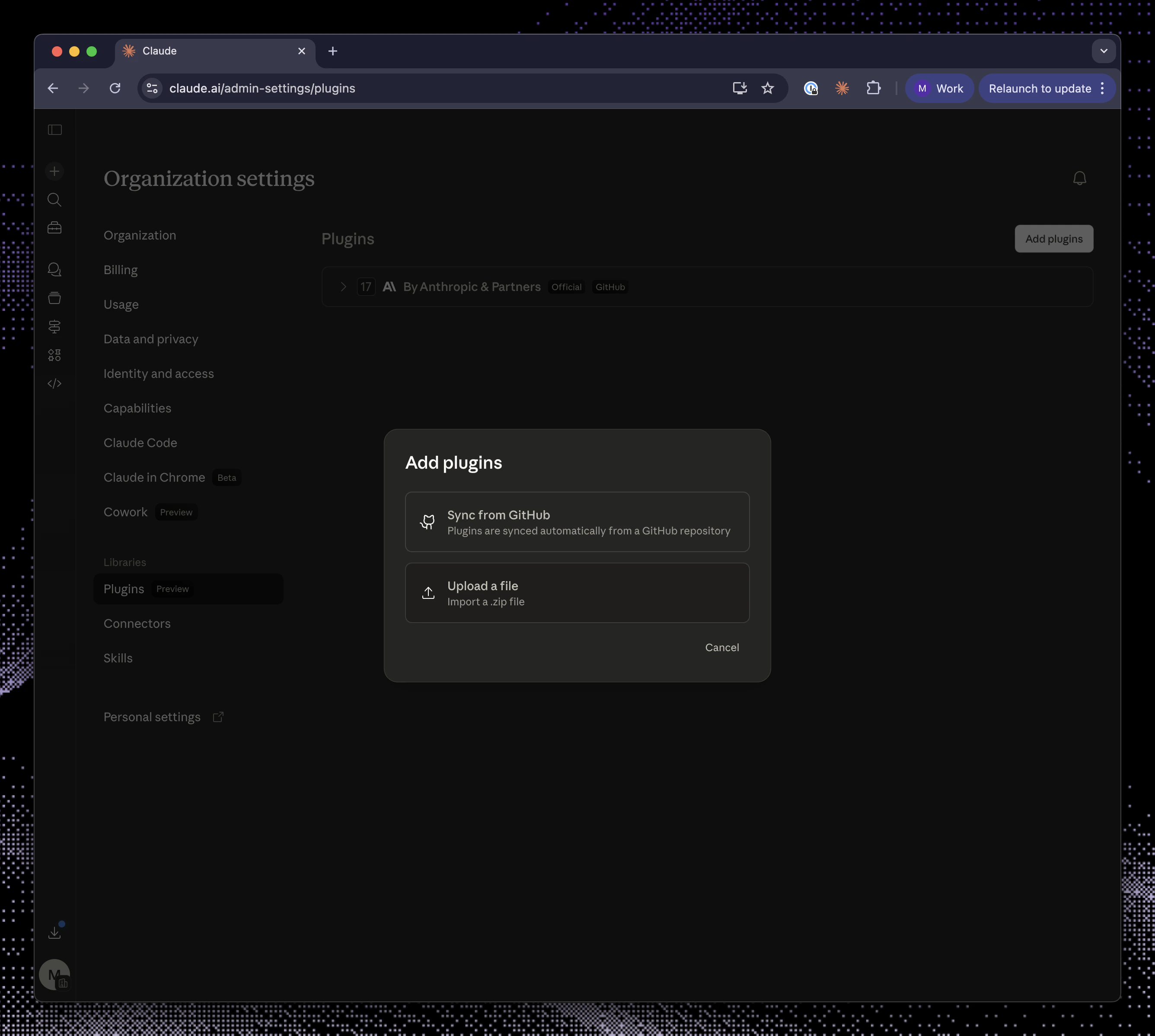 Claude add plugins dialog with Upload a file selected