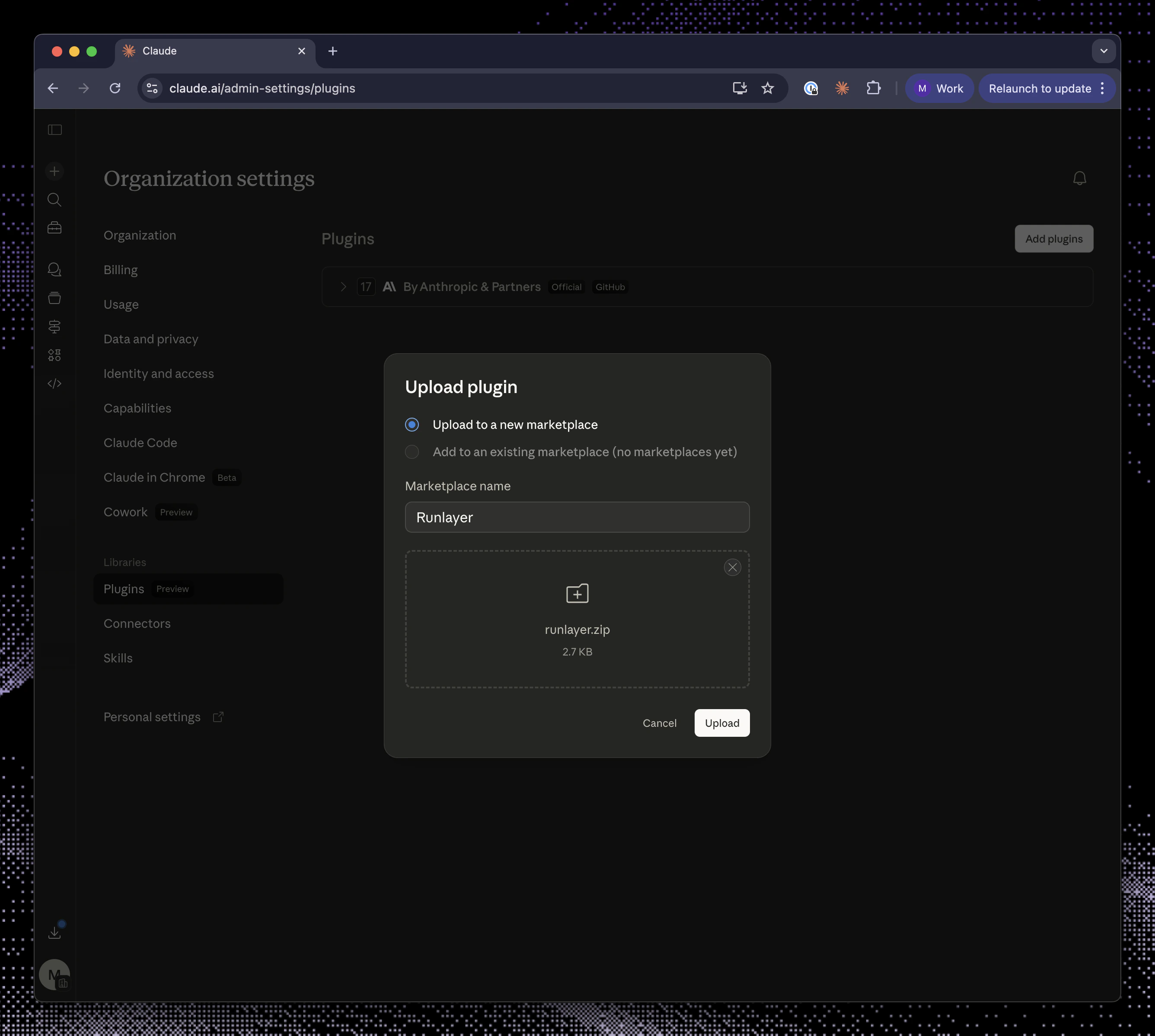 Claude upload plugin dialog with runlayer.zip ready to upload