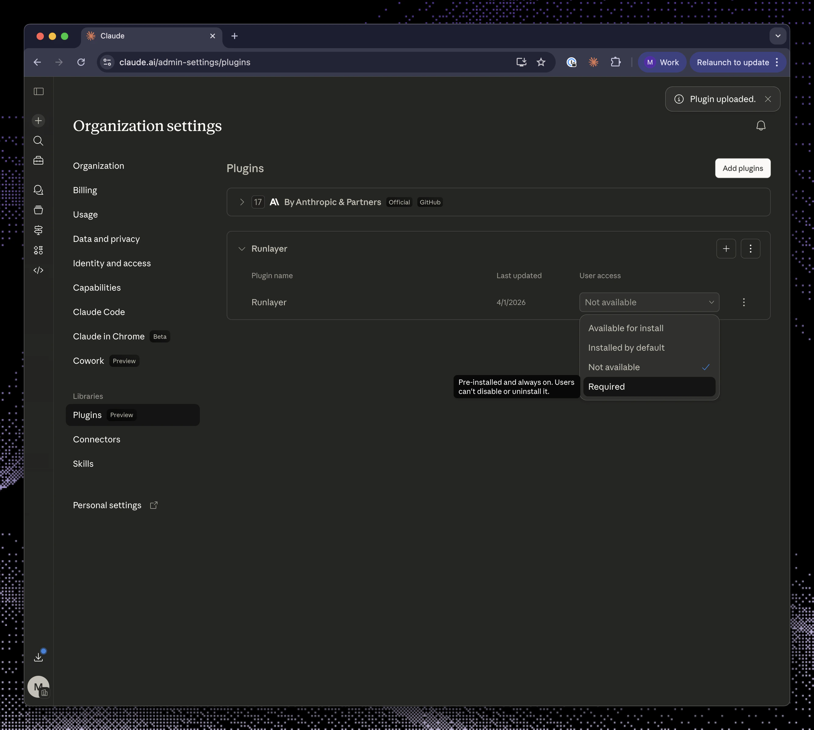 Claude plugin settings with user access set to Required