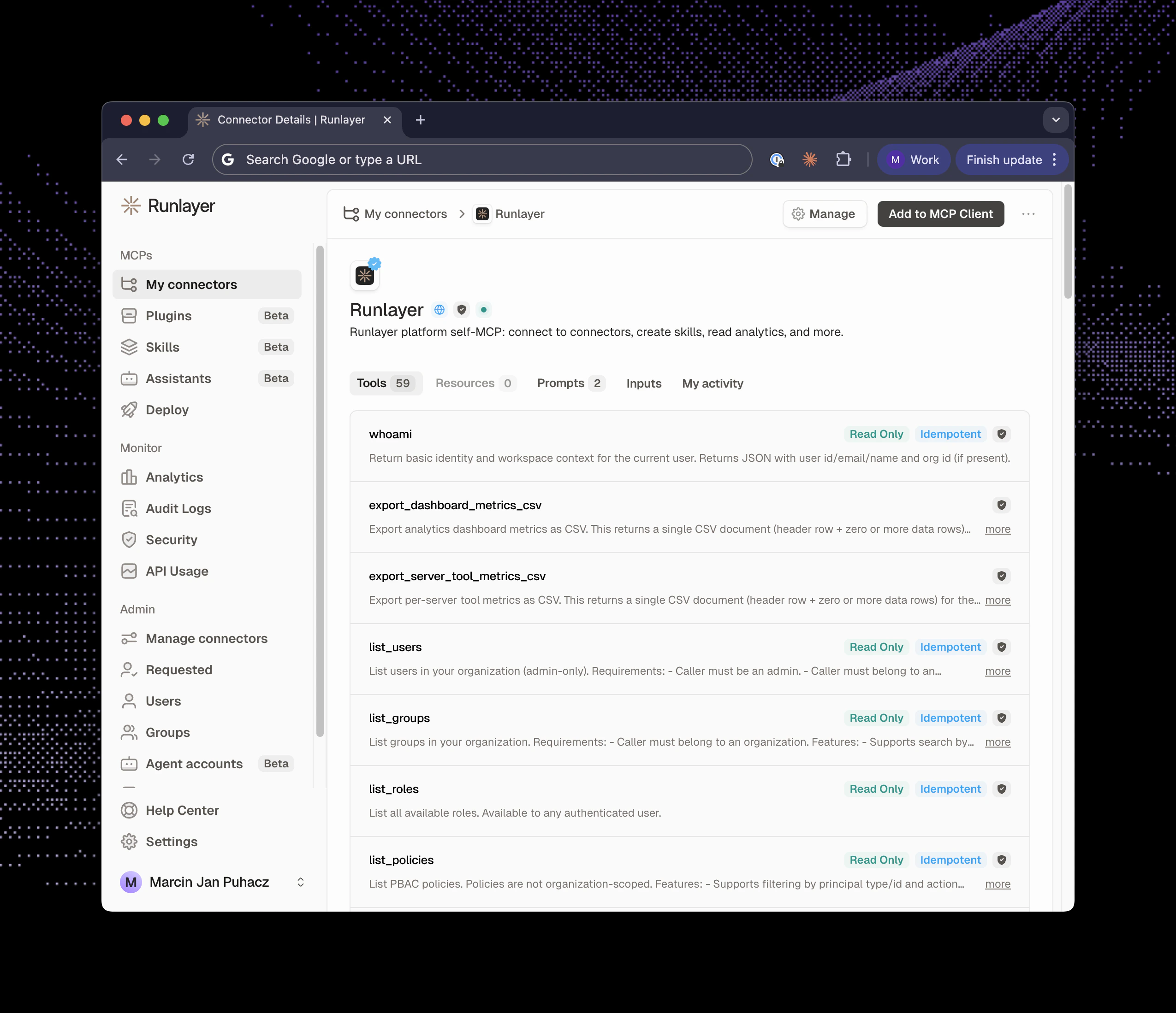 Runlayer connector details page with Add to Client button