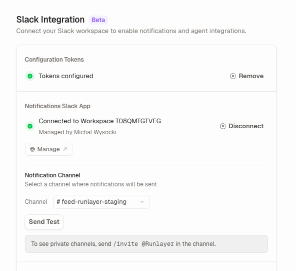 Slack Integration settings showing a connected workspace with notification channel configured