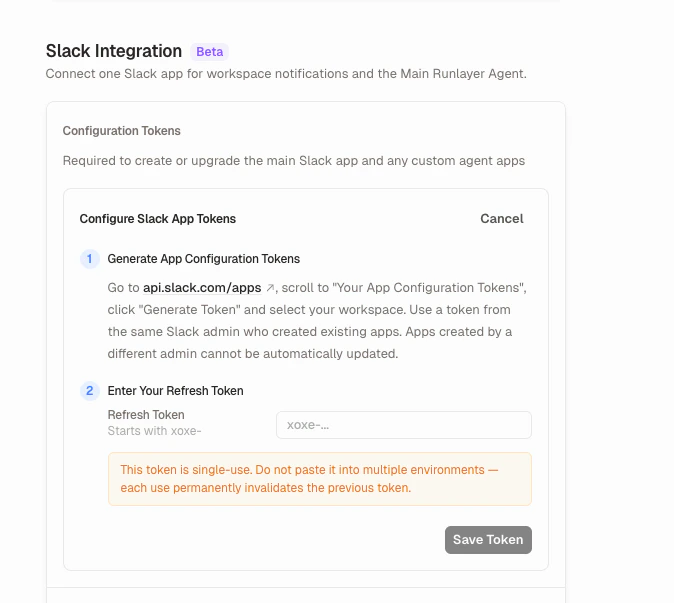 Configuration Token setup form showing where to paste the refresh token