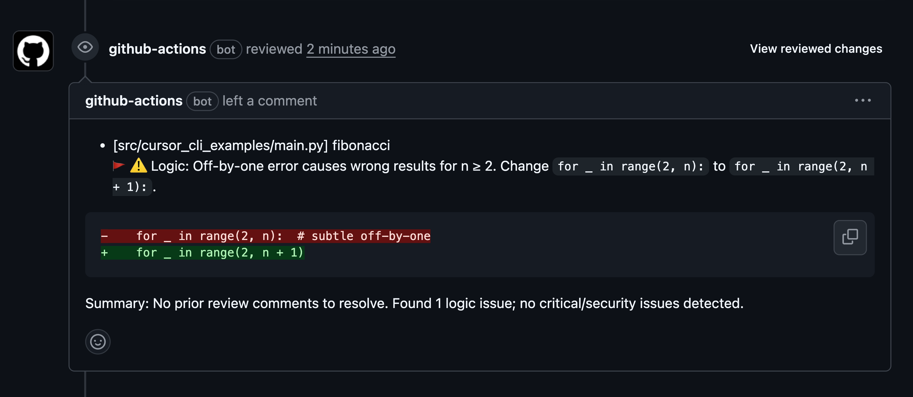 Revue de code automatisée en action avec des commentaires en ligne sur une pull request