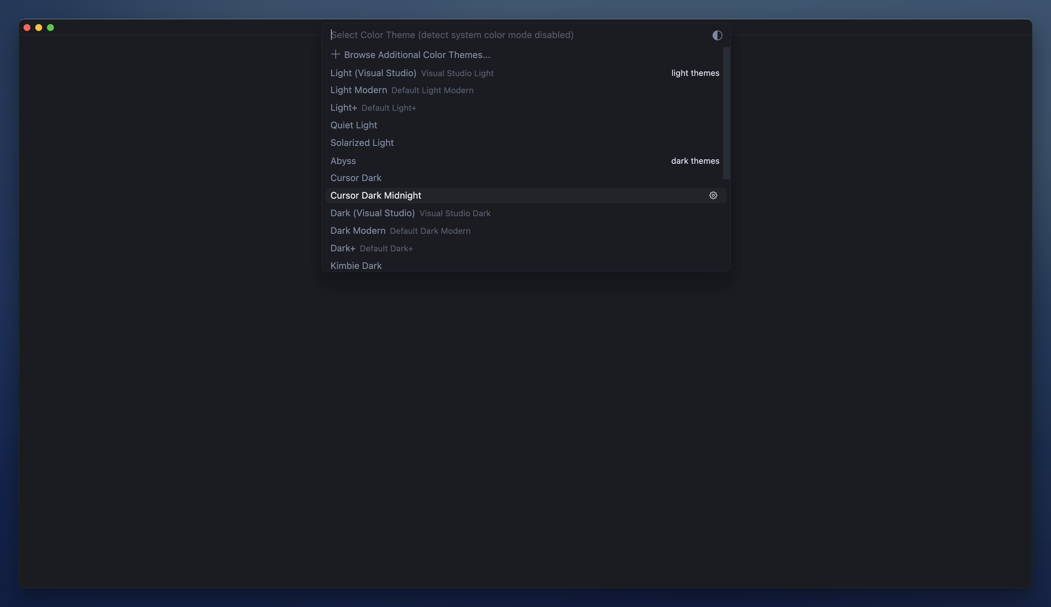 Menu de seleção de tema no Cursor mostrando os temas de cor disponíveis