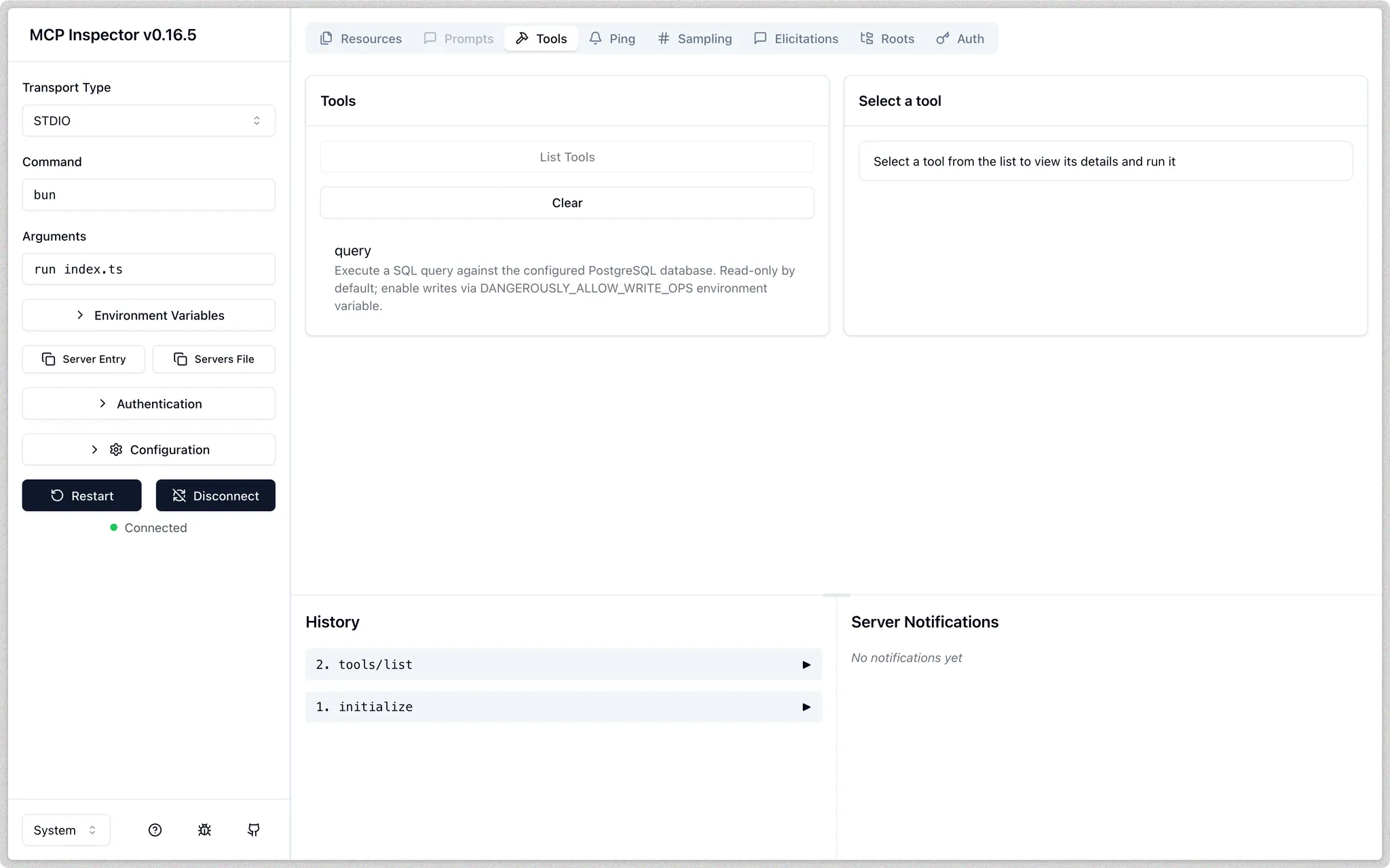 MCP Inspector interface