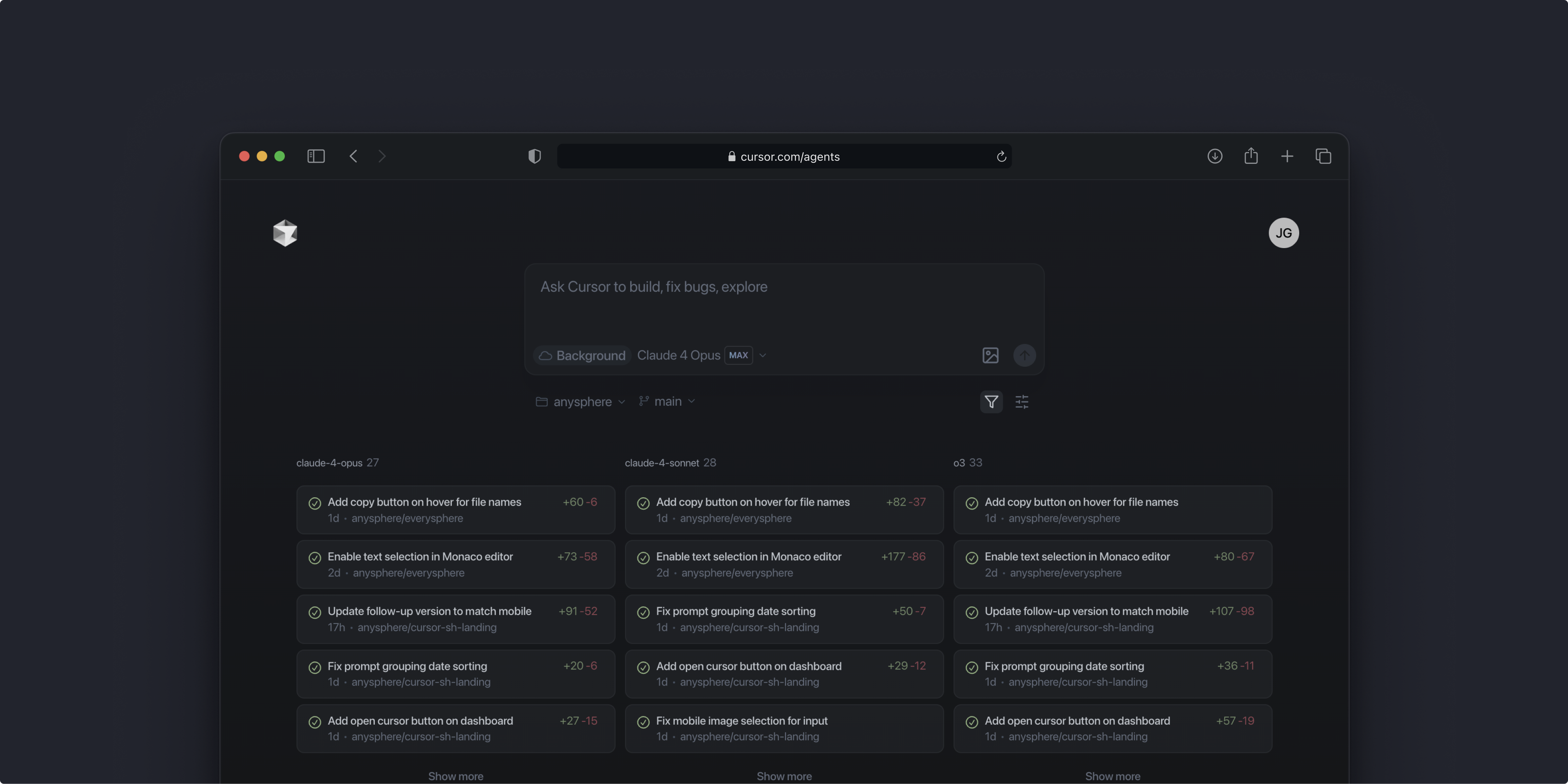 Interface do agente web do Cursor