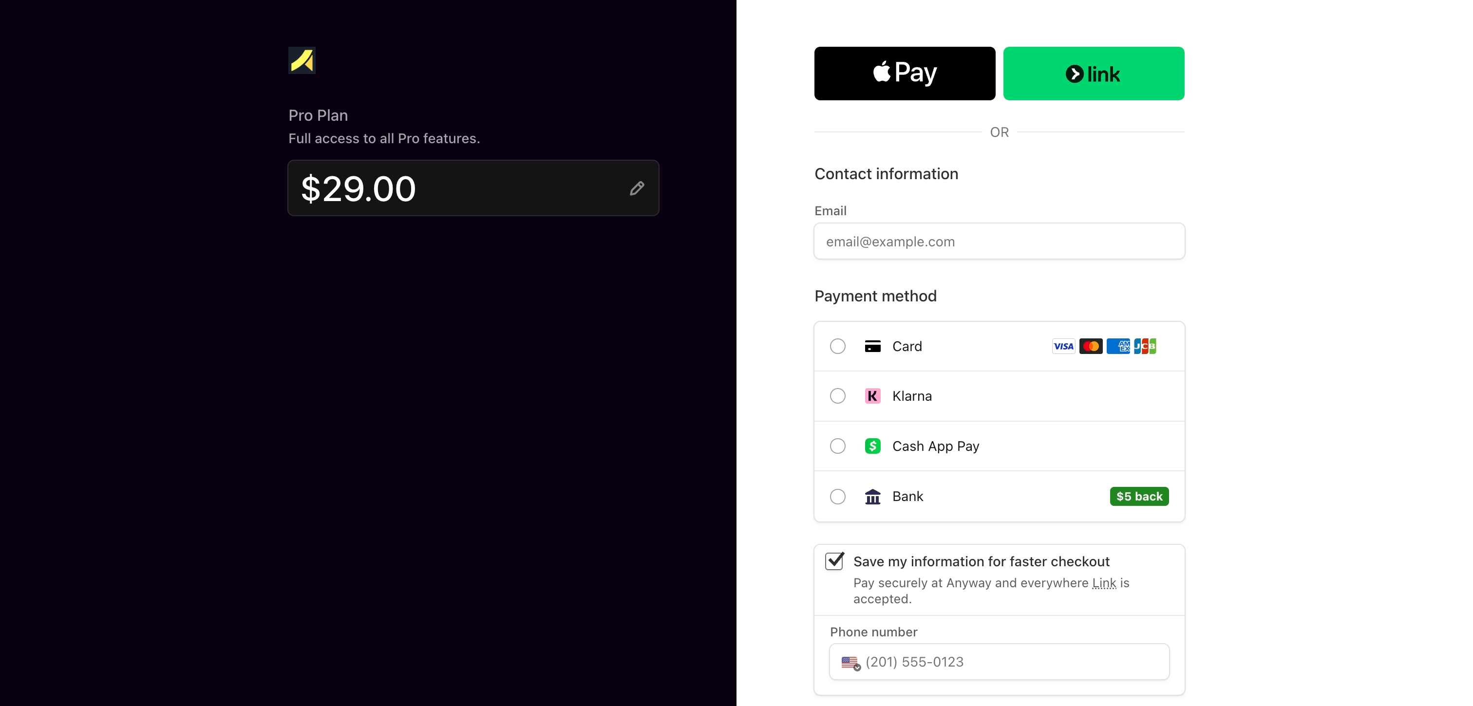 Anyway checkout with card, Apple Pay, Link, Klarna, Cash App Pay, and bank payment options