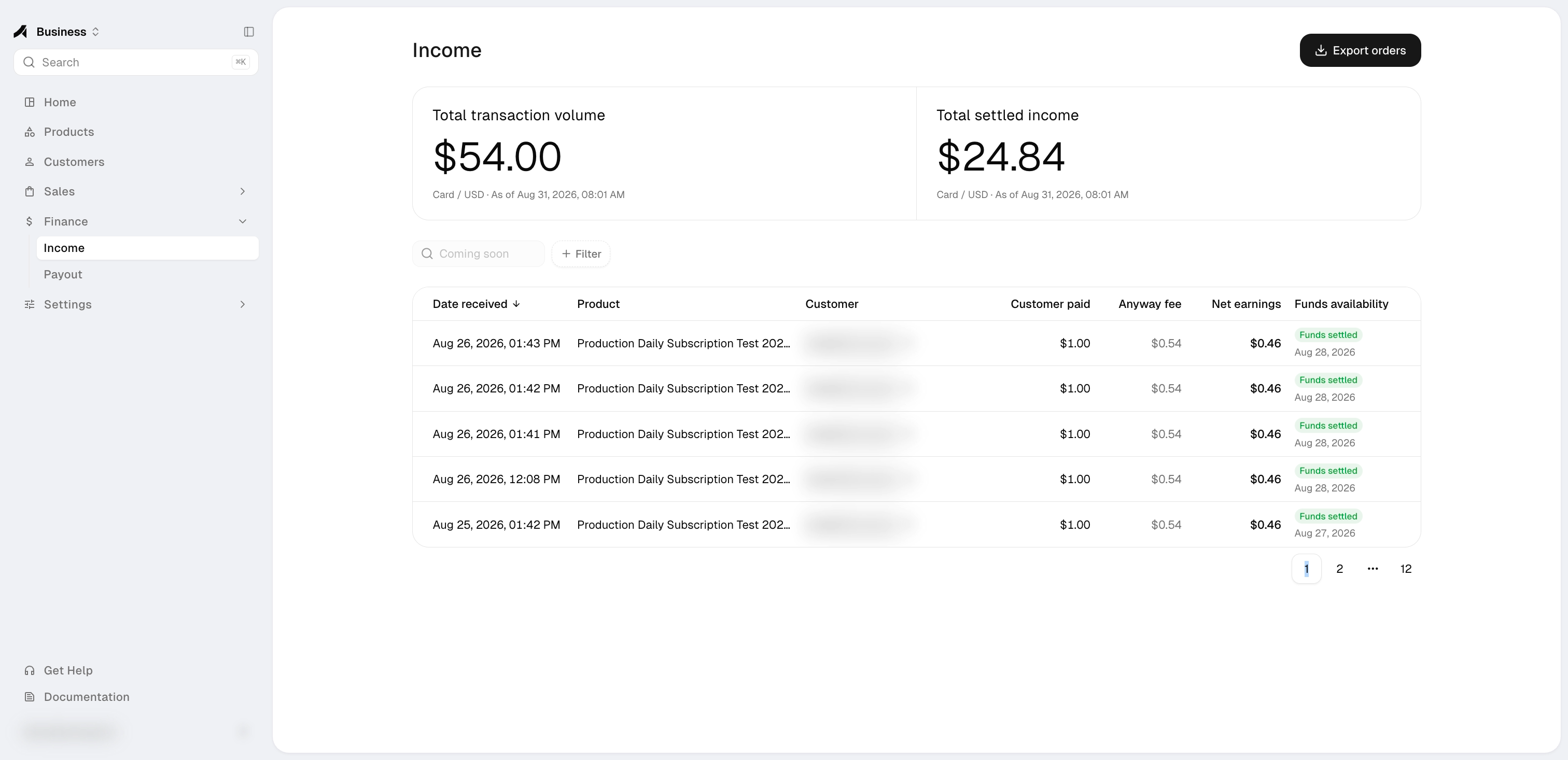 Income page with per-transaction Anyway fee and net earnings
