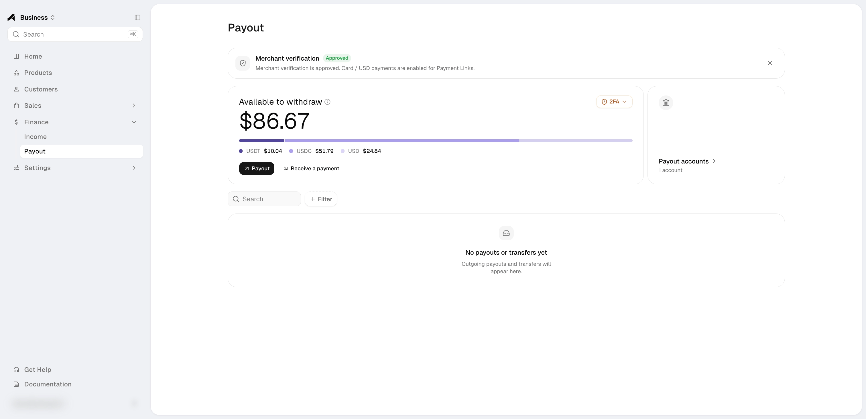 Payout page with available balance by currency and payout accounts