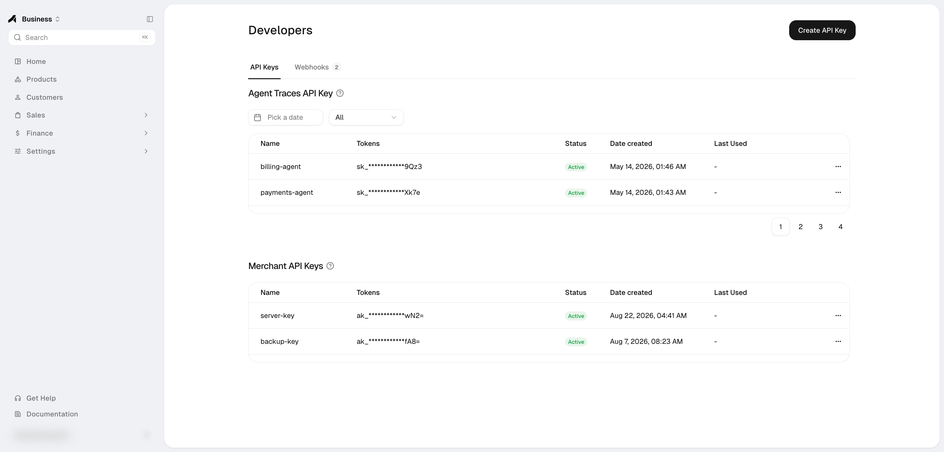 Developers — Agent Traces API Key and Merchant API Keys
