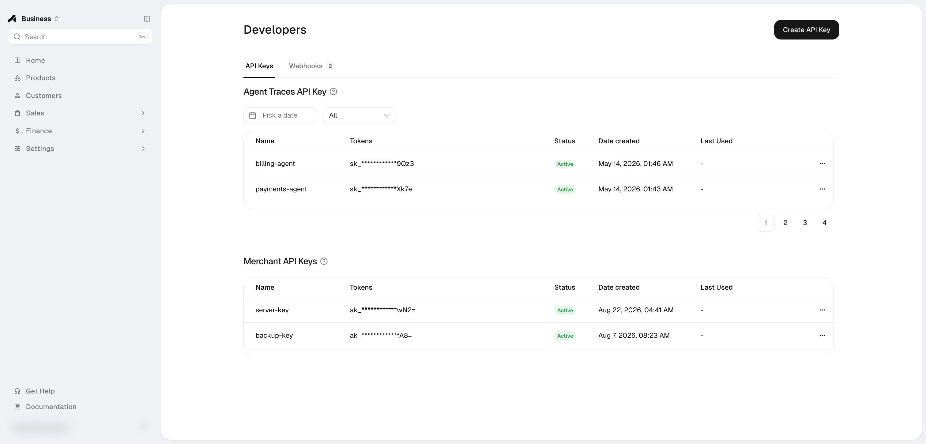 Developers — Agent Traces API Key and Merchant API Keys