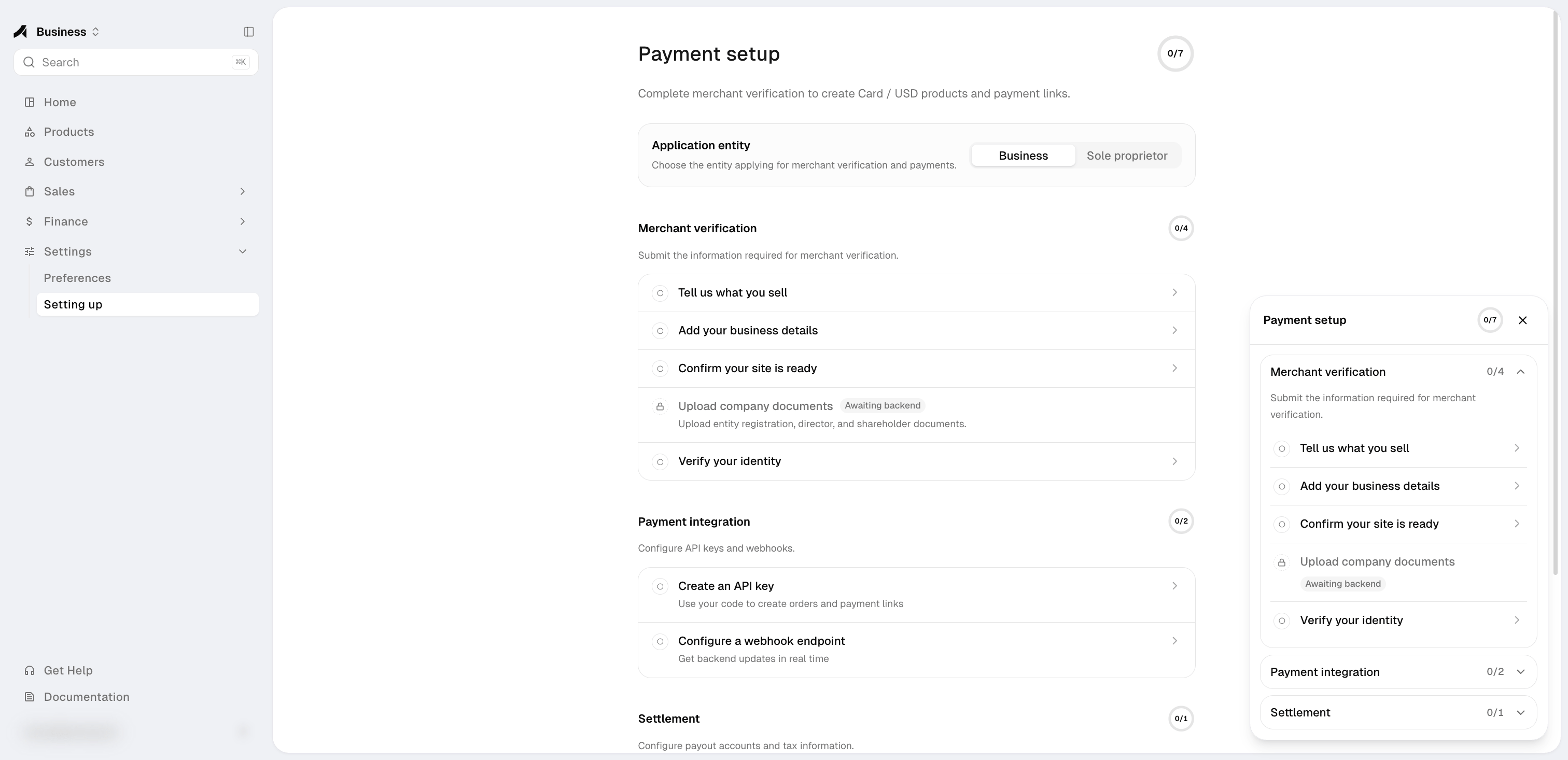Payment setup on a fresh account — merchant verification at 0/4 with the corner progress card