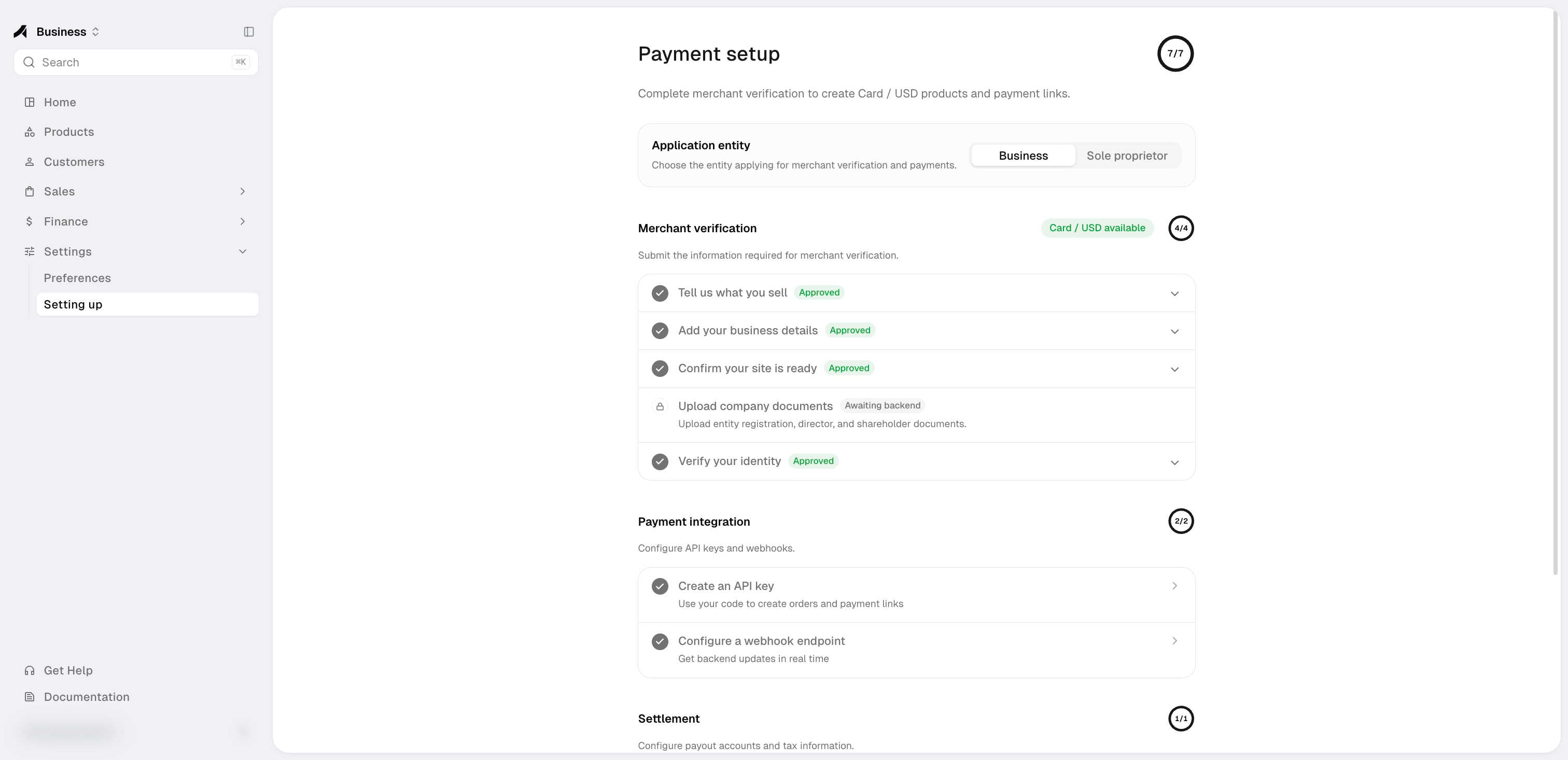 Payment setup with merchant verification approved — Card / USD available